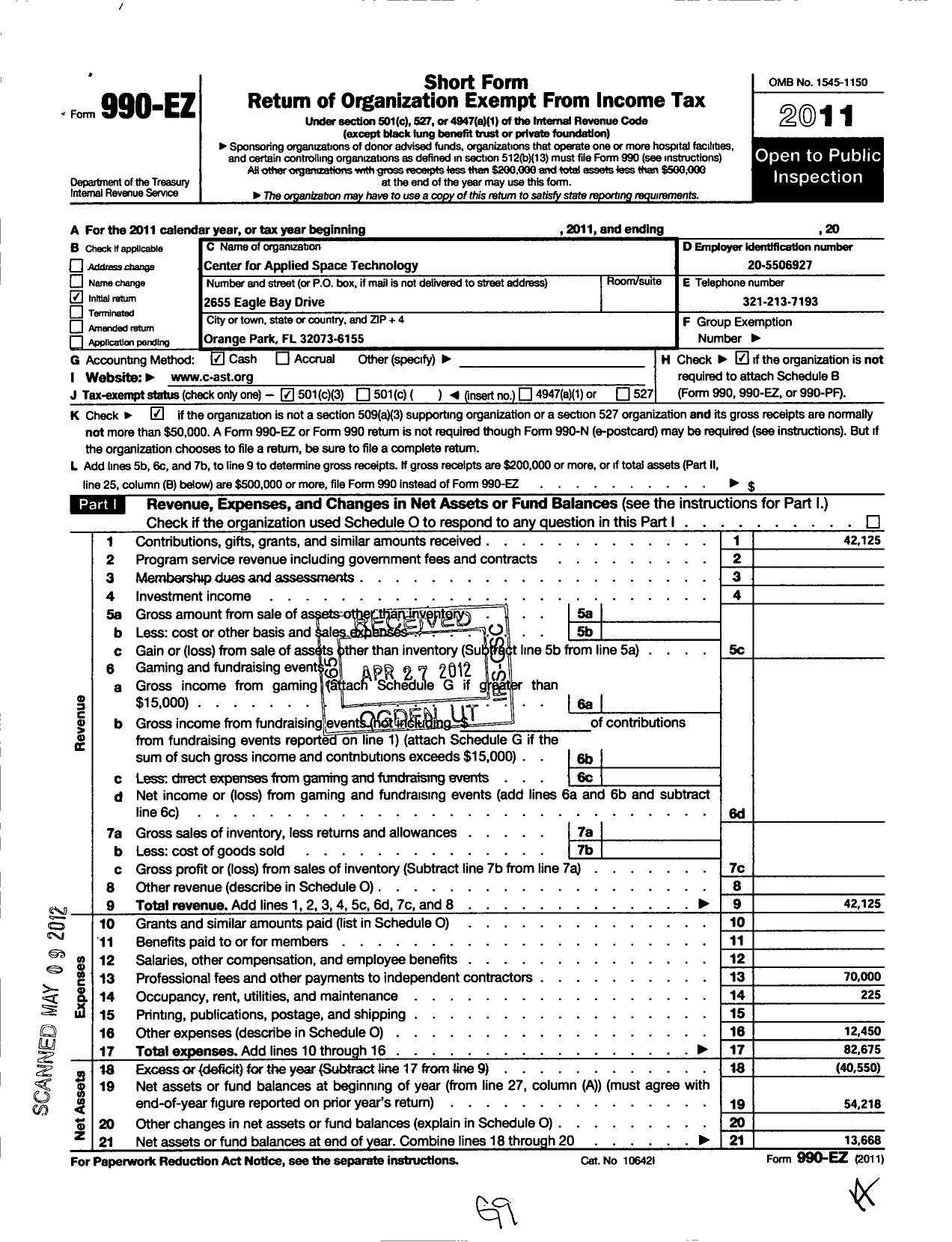 Image of first page of 2011 Form 990EZ for Center for Applied Space Technology