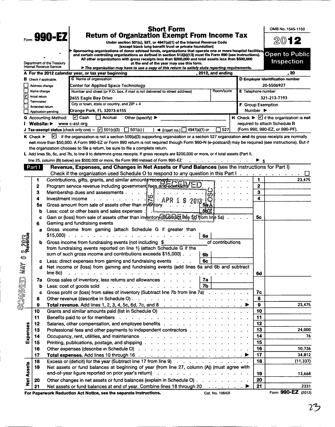 Image of first page of 2012 Form 990EZ for Center for Applied Space Technology