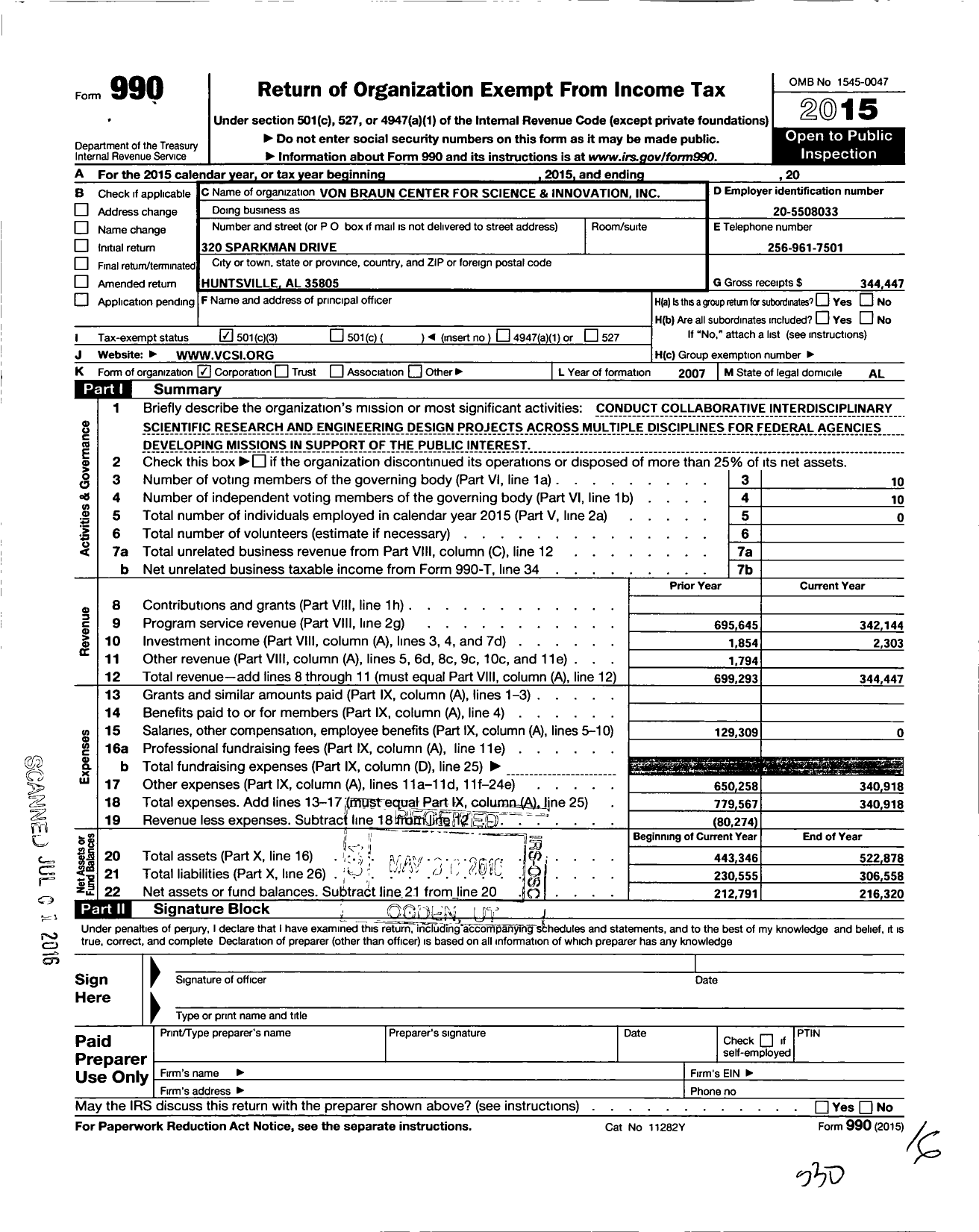 Image of first page of 2015 Form 990 for Von Braun Center for Science and Innovation (VCSI)