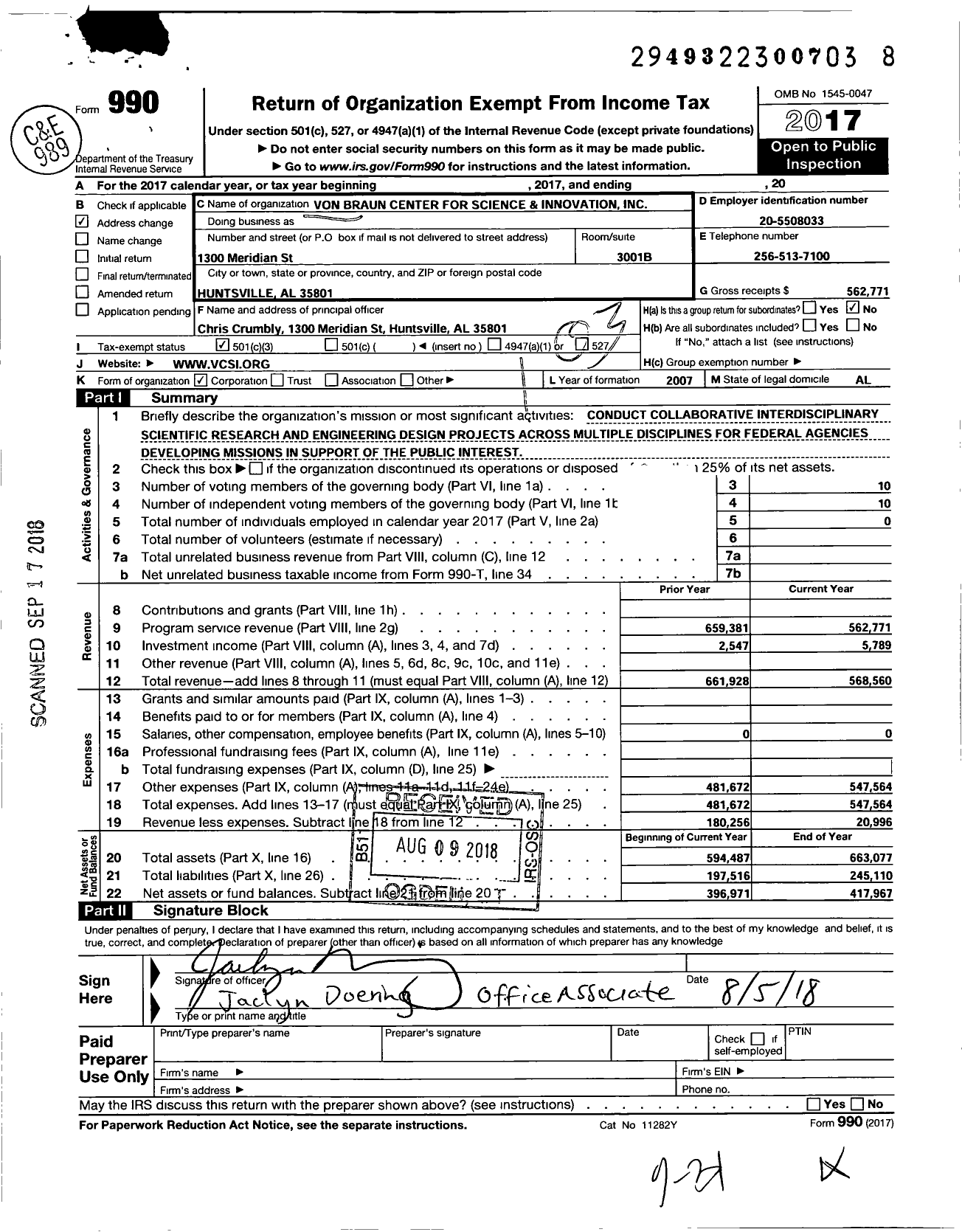 Image of first page of 2017 Form 990 for Von Braun Center for Science and Innovation (VCSI)