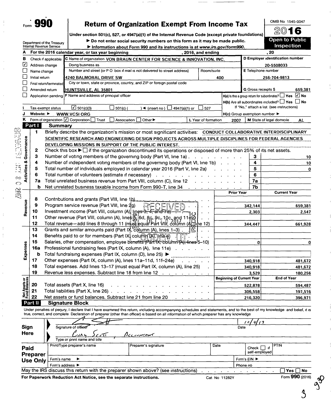 Image of first page of 2016 Form 990 for Von Braun Center for Science and Innovation (VCSI)