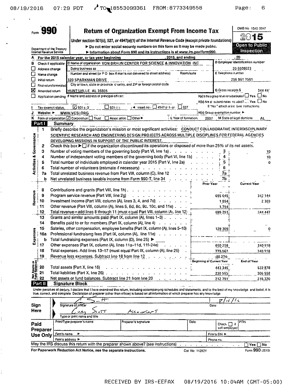 Image of first page of 2015 Form 990R for Von Braun Center for Science and Innovation (VCSI)