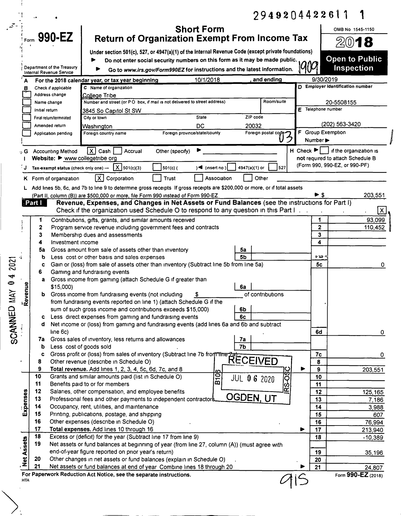 Image of first page of 2018 Form 990EZ for College Tribe