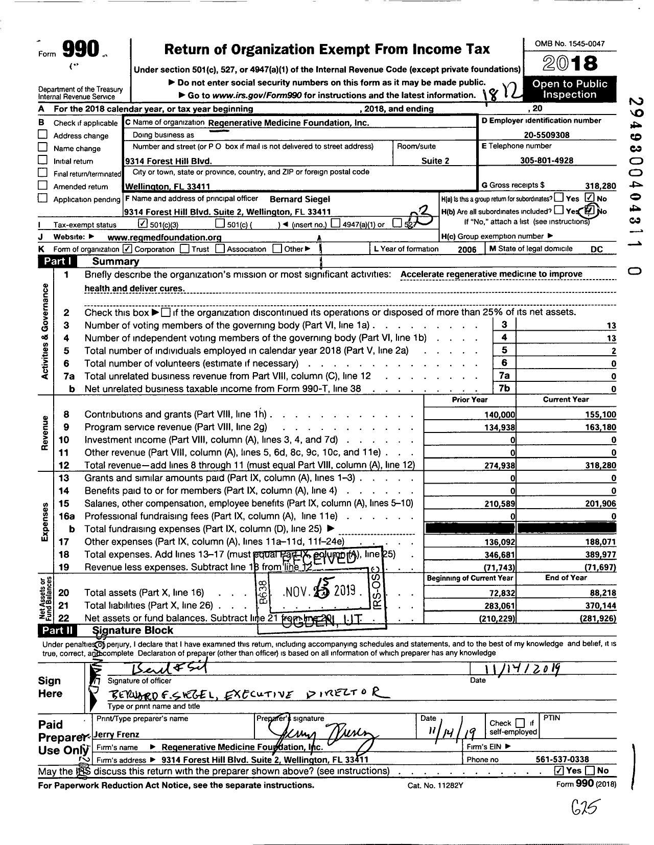 Image of first page of 2018 Form 990 for Regenerative Medicine Foundation
