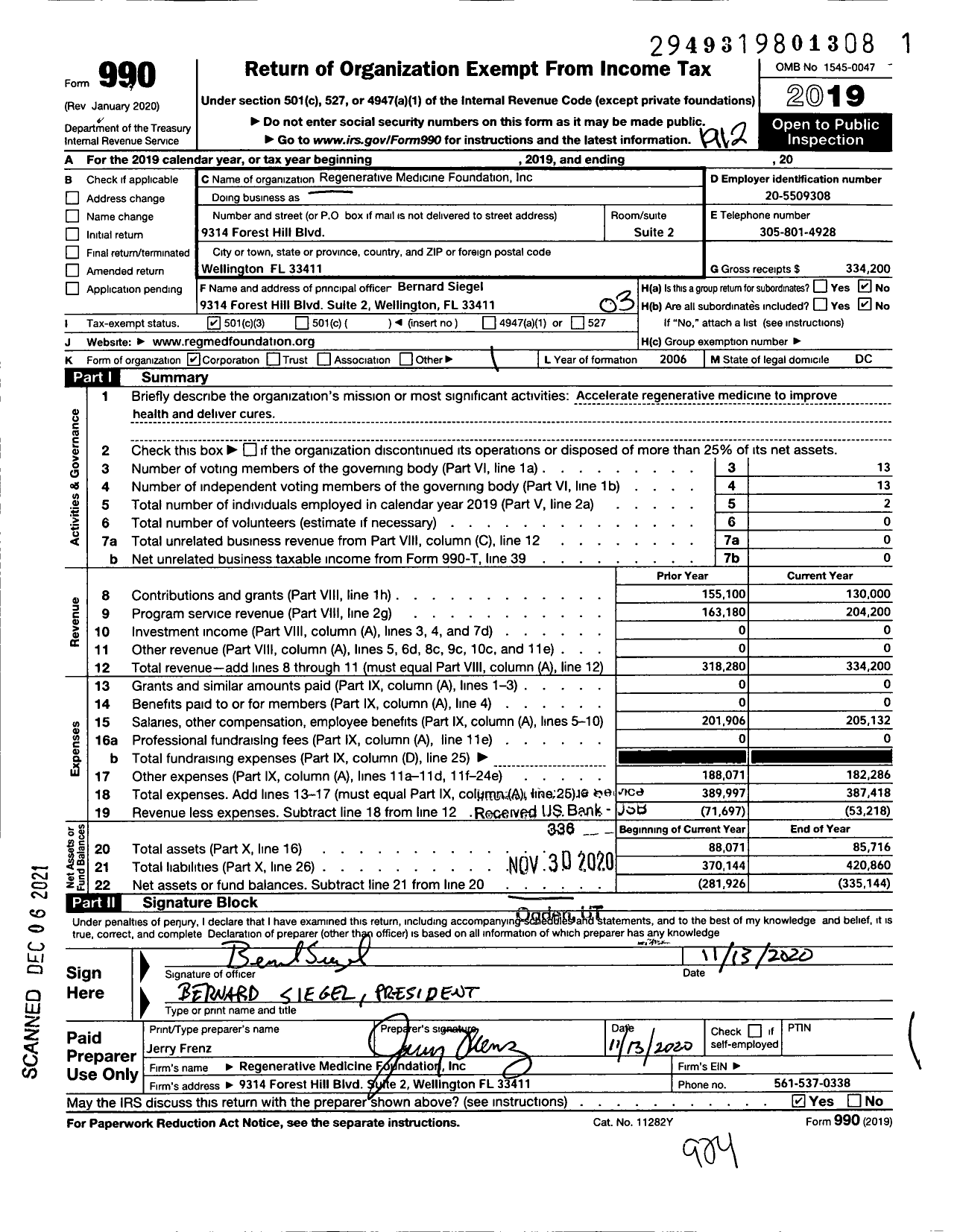Image of first page of 2019 Form 990 for Regenerative Medicine Foundation
