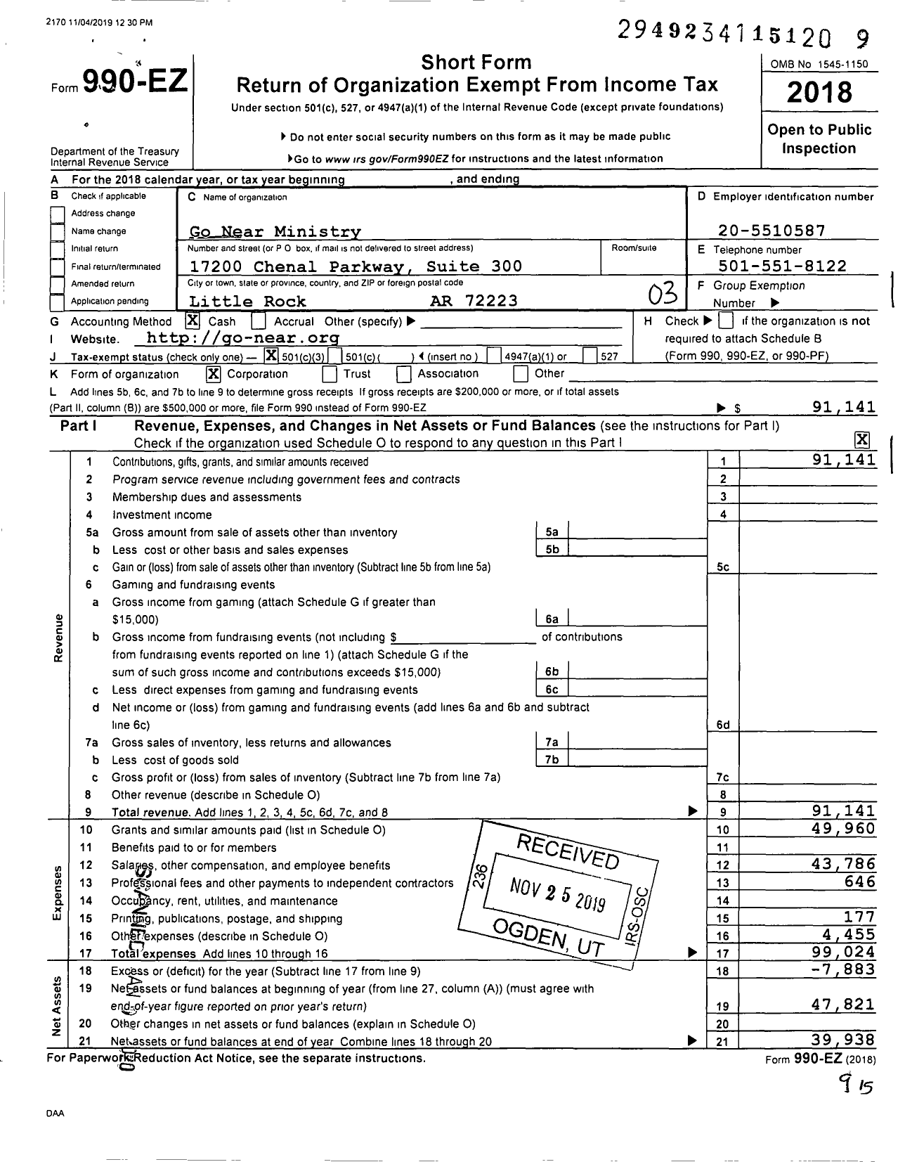 Image of first page of 2018 Form 990EZ for Go Near Ministry