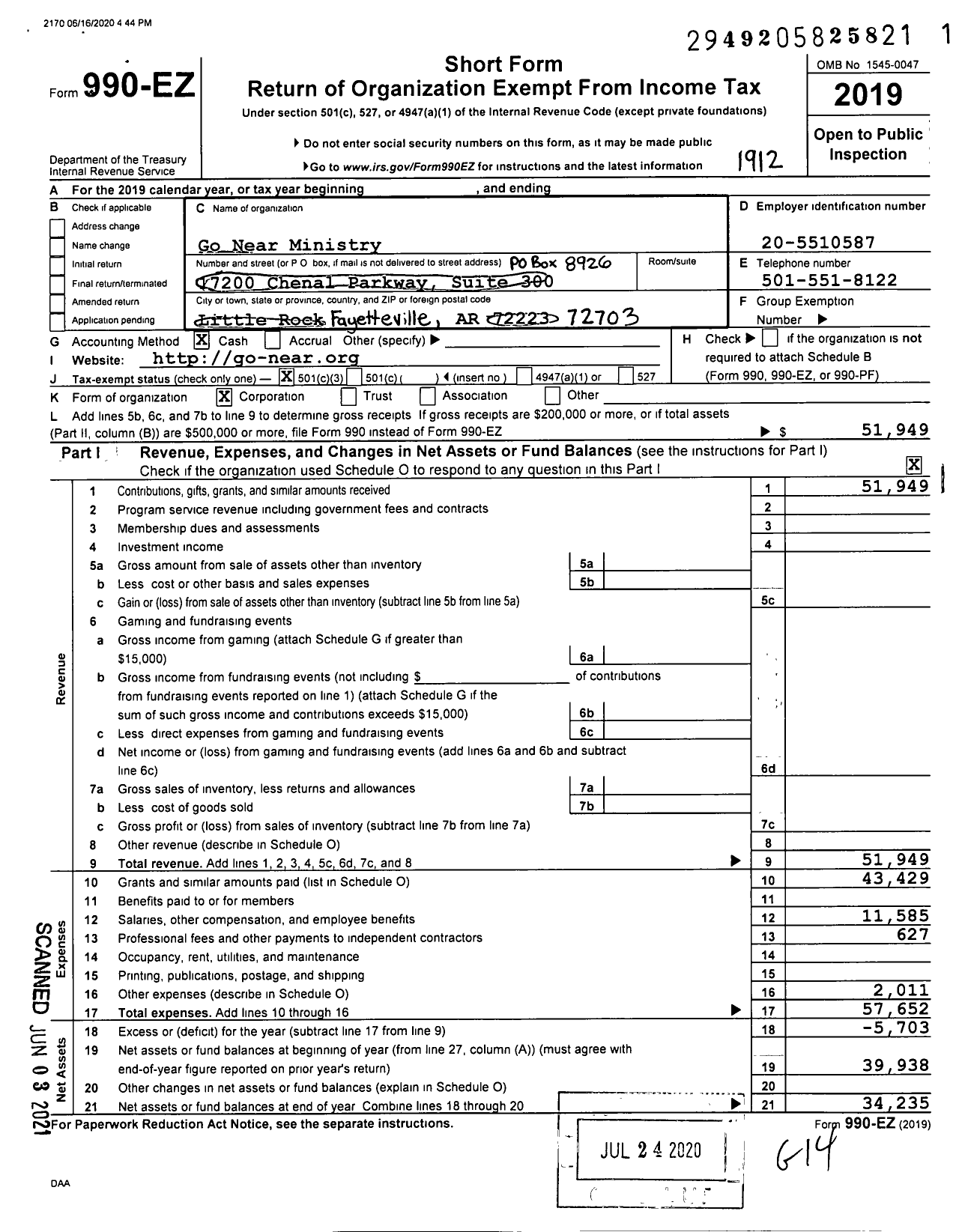 Image of first page of 2019 Form 990EZ for Go Near Ministry