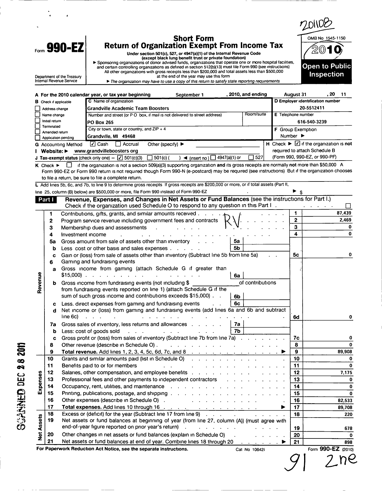 Image of first page of 2010 Form 990EZ for Grandville Academic Team Boosters