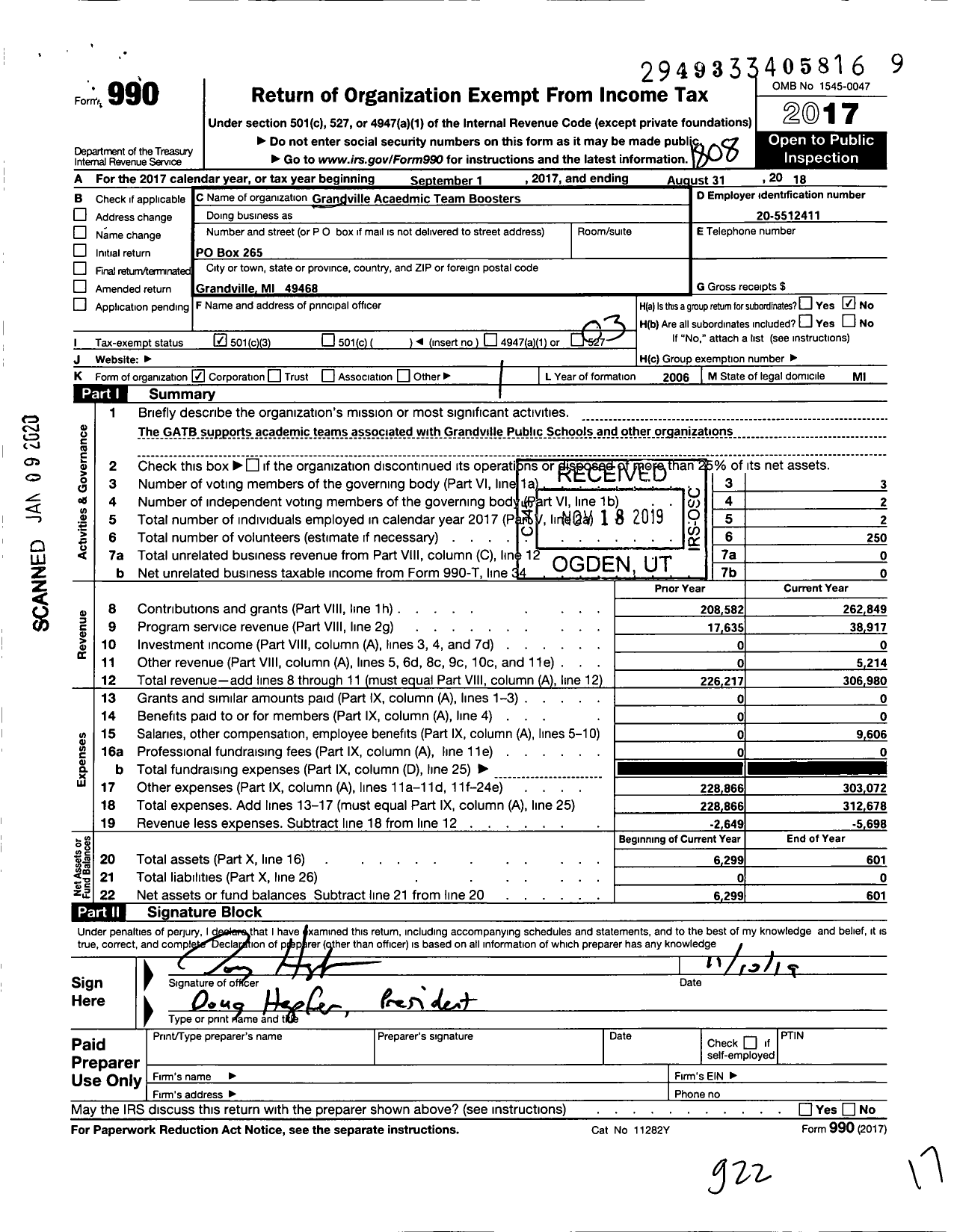 Image of first page of 2017 Form 990 for Grandville Academic Team Boosters