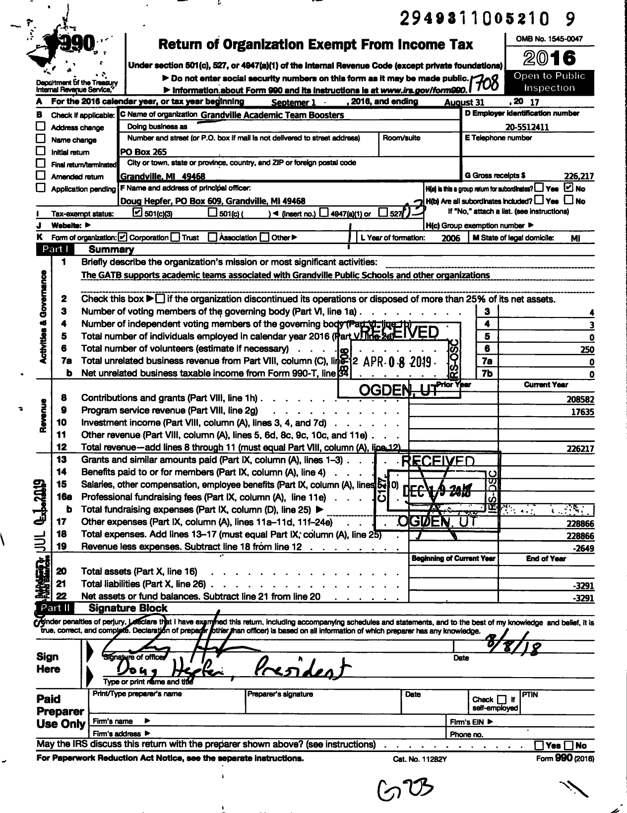 Image of first page of 2016 Form 990 for Grandville Academic Team Boosters