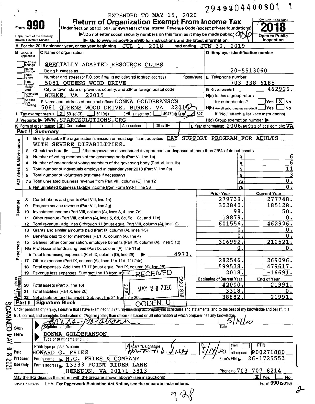 Image of first page of 2018 Form 990 for Specially Adapted Resource Clubs