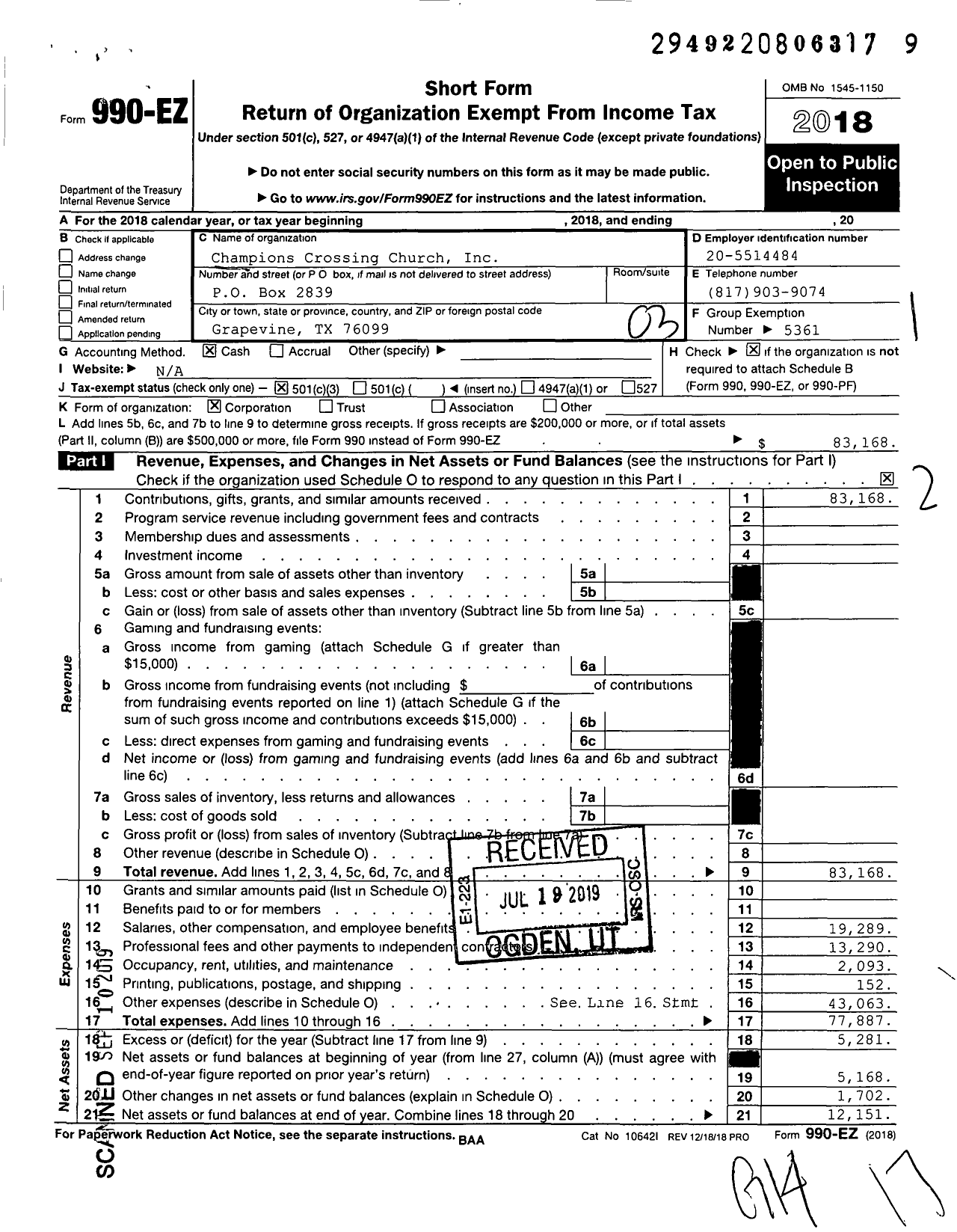 Image of first page of 2018 Form 990EZ for Champions Crossing Church