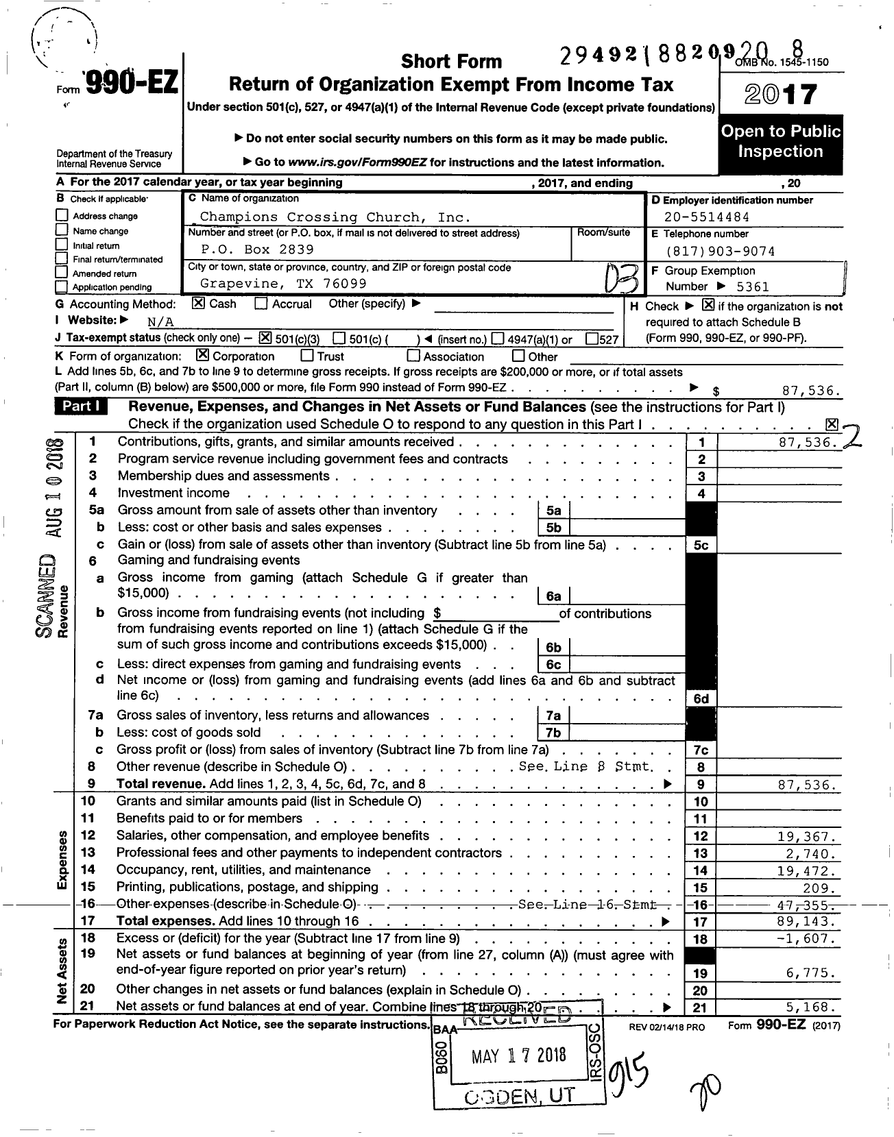 Image of first page of 2017 Form 990EZ for Champions Crossing Church