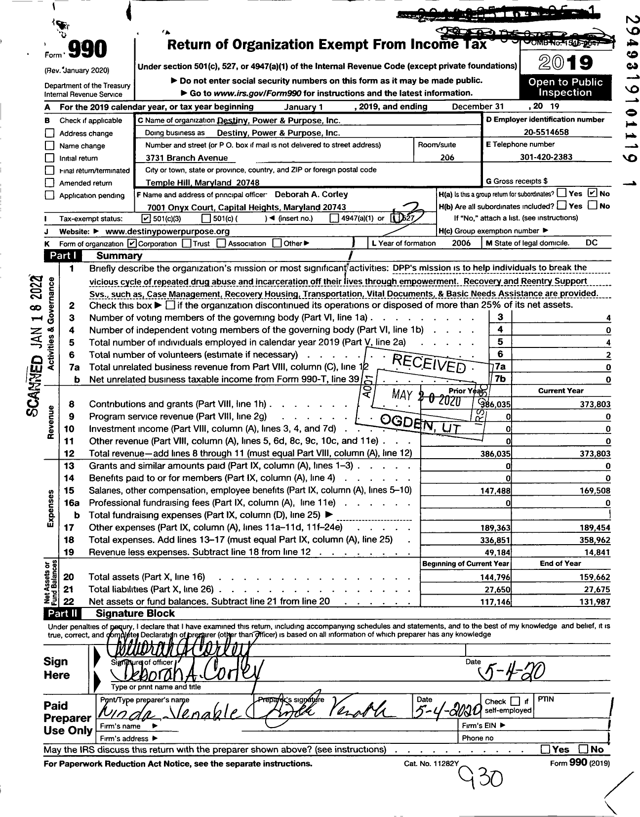 Image of first page of 2019 Form 990 for Destiny Power and Purpose