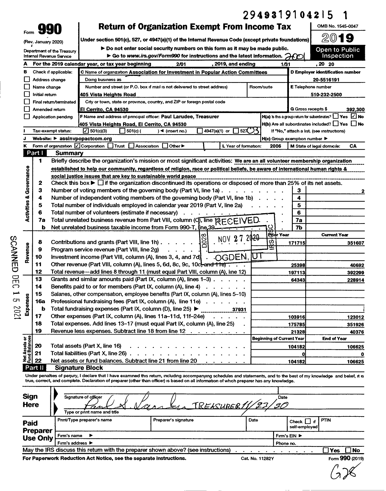 Image of first page of 2019 Form 990 for Association for Investment in Popular Action Committees