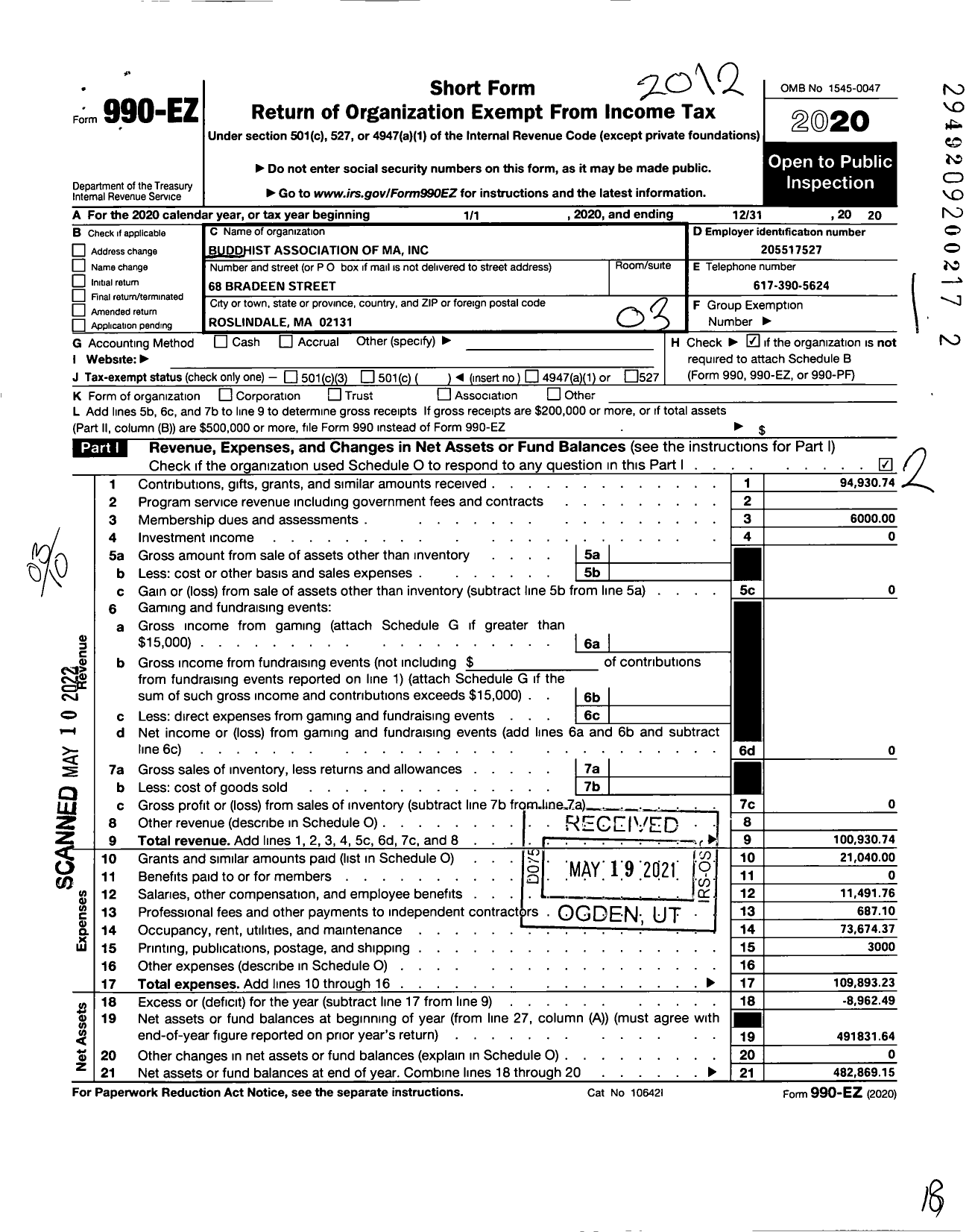 Image of first page of 2020 Form 990EZ for Buddhist Association of Ma