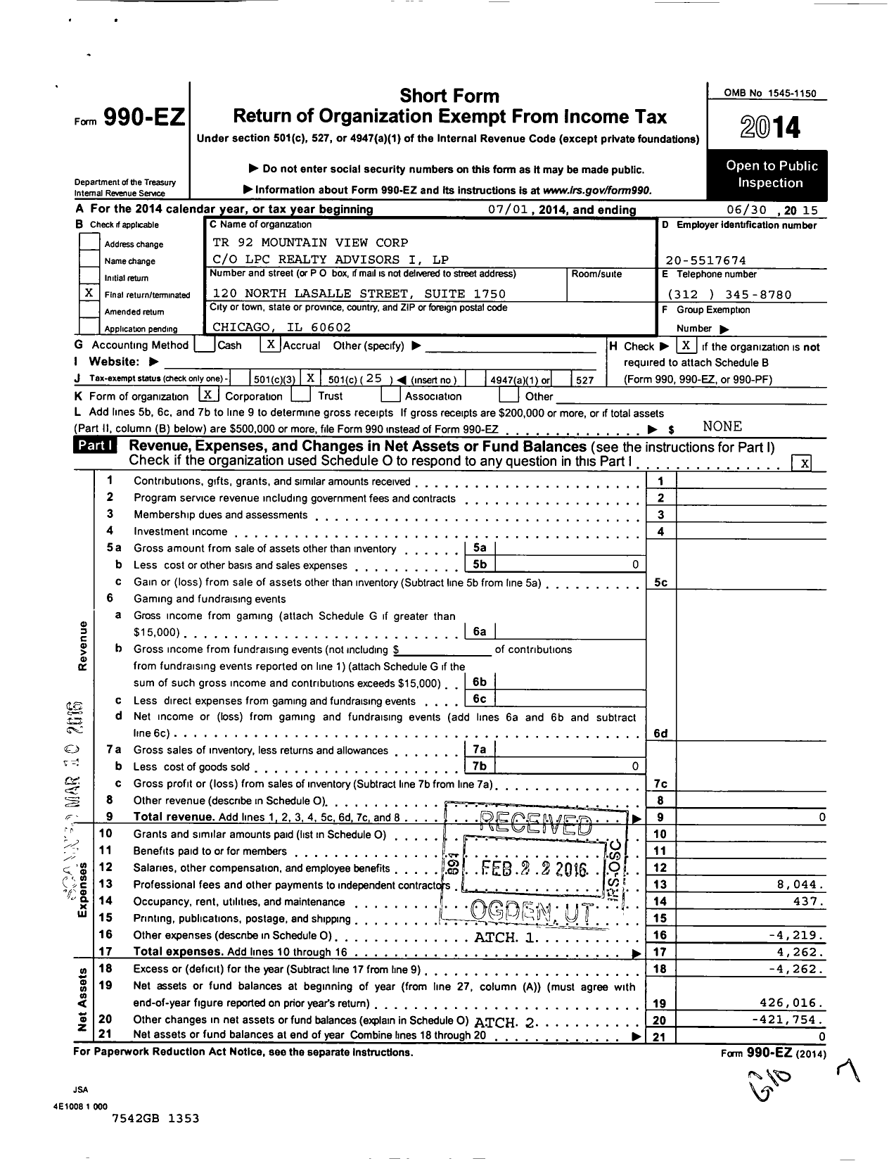 Image of first page of 2014 Form 990EO for TR 92 Mountain View Corporation