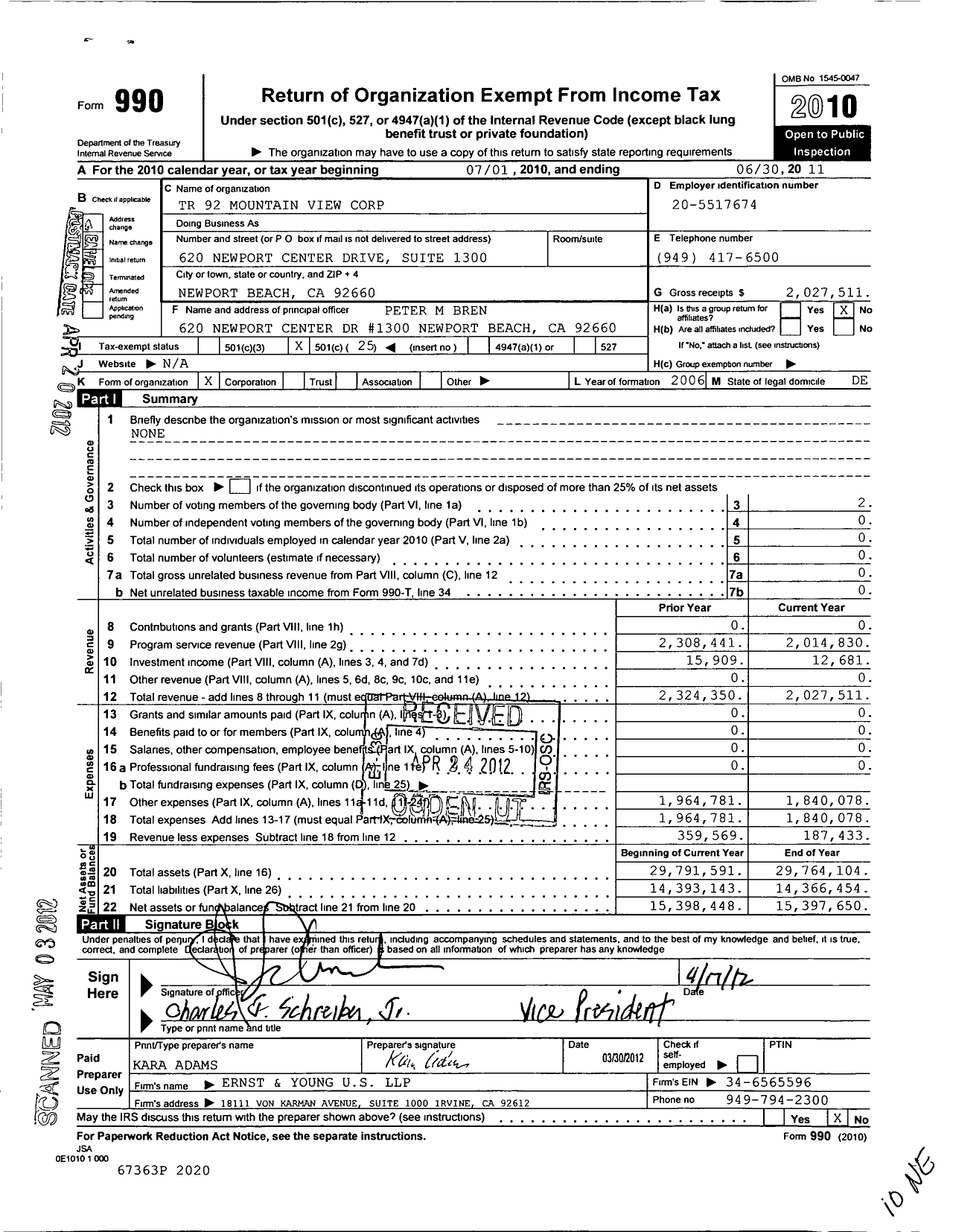 Image of first page of 2010 Form 990O for TR 92 Mountain View Corporation