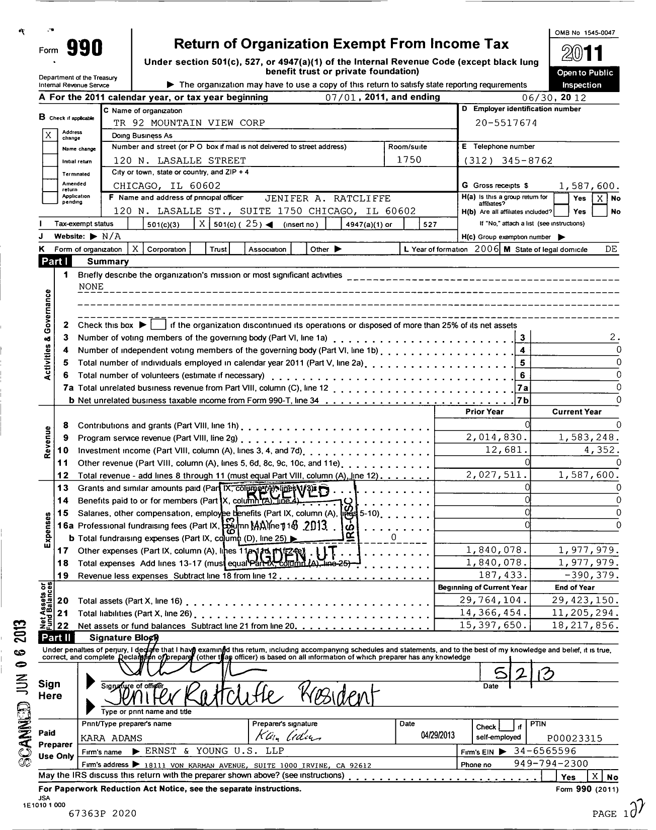 Image of first page of 2011 Form 990O for TR 92 Mountain View Corporation