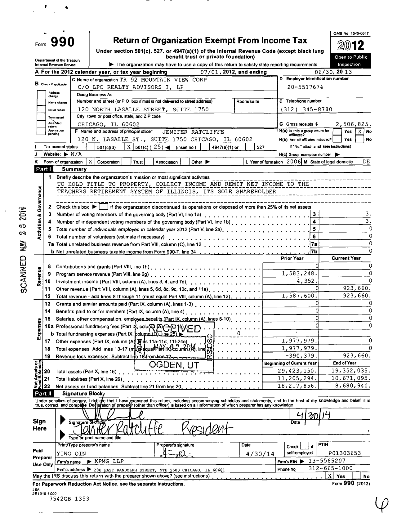 Image of first page of 2012 Form 990O for TR 92 Mountain View Corporation