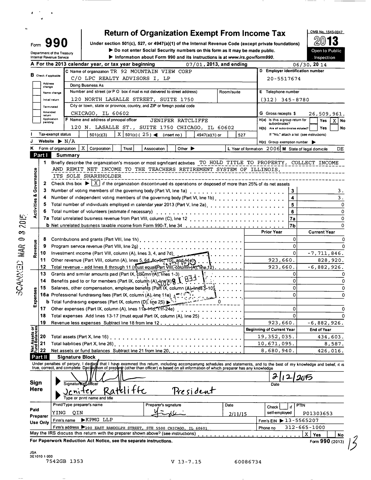 Image of first page of 2013 Form 990O for TR 92 Mountain View Corporation