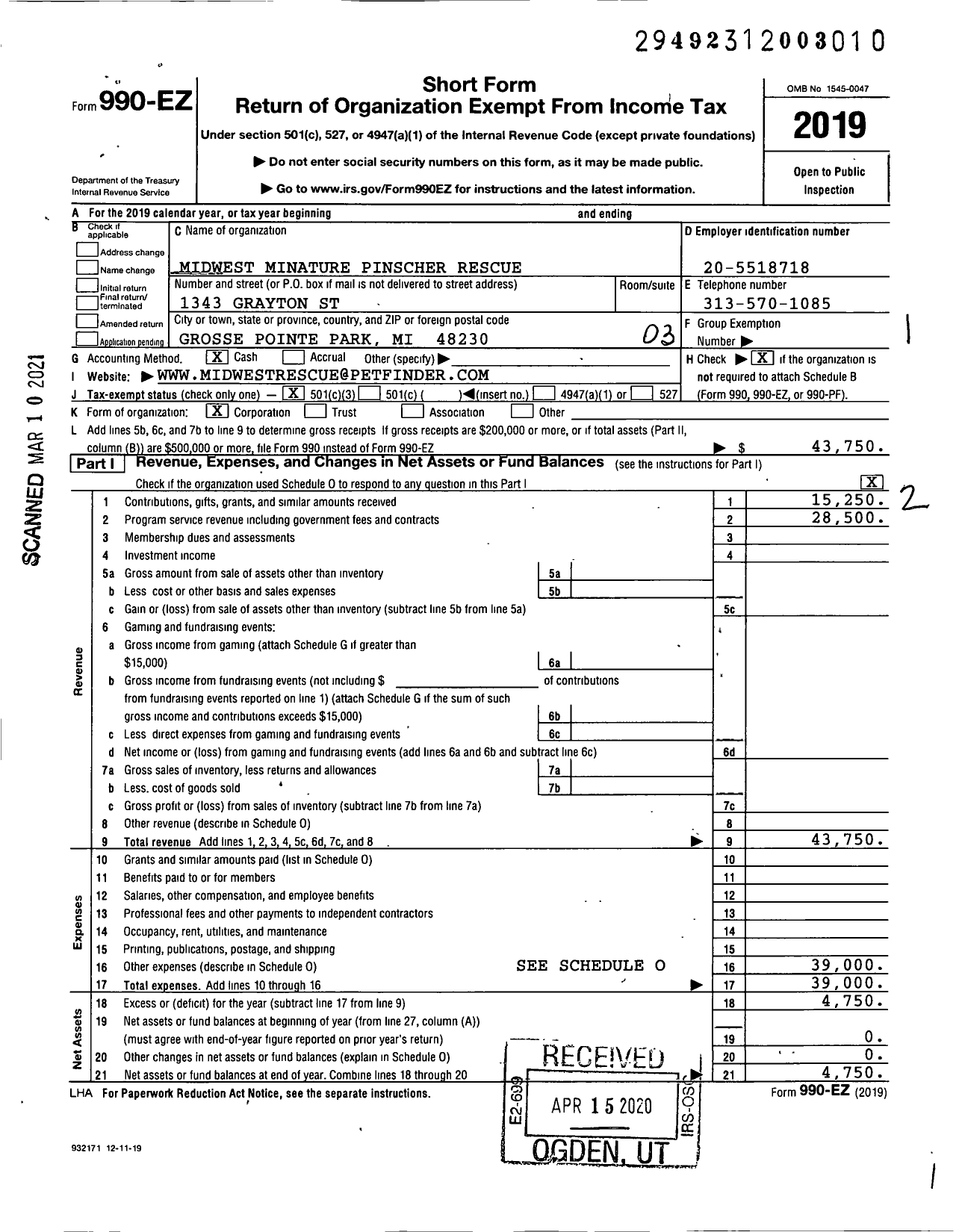 Image of first page of 2019 Form 990EZ for Midwest Miniature Pinscher Rescue