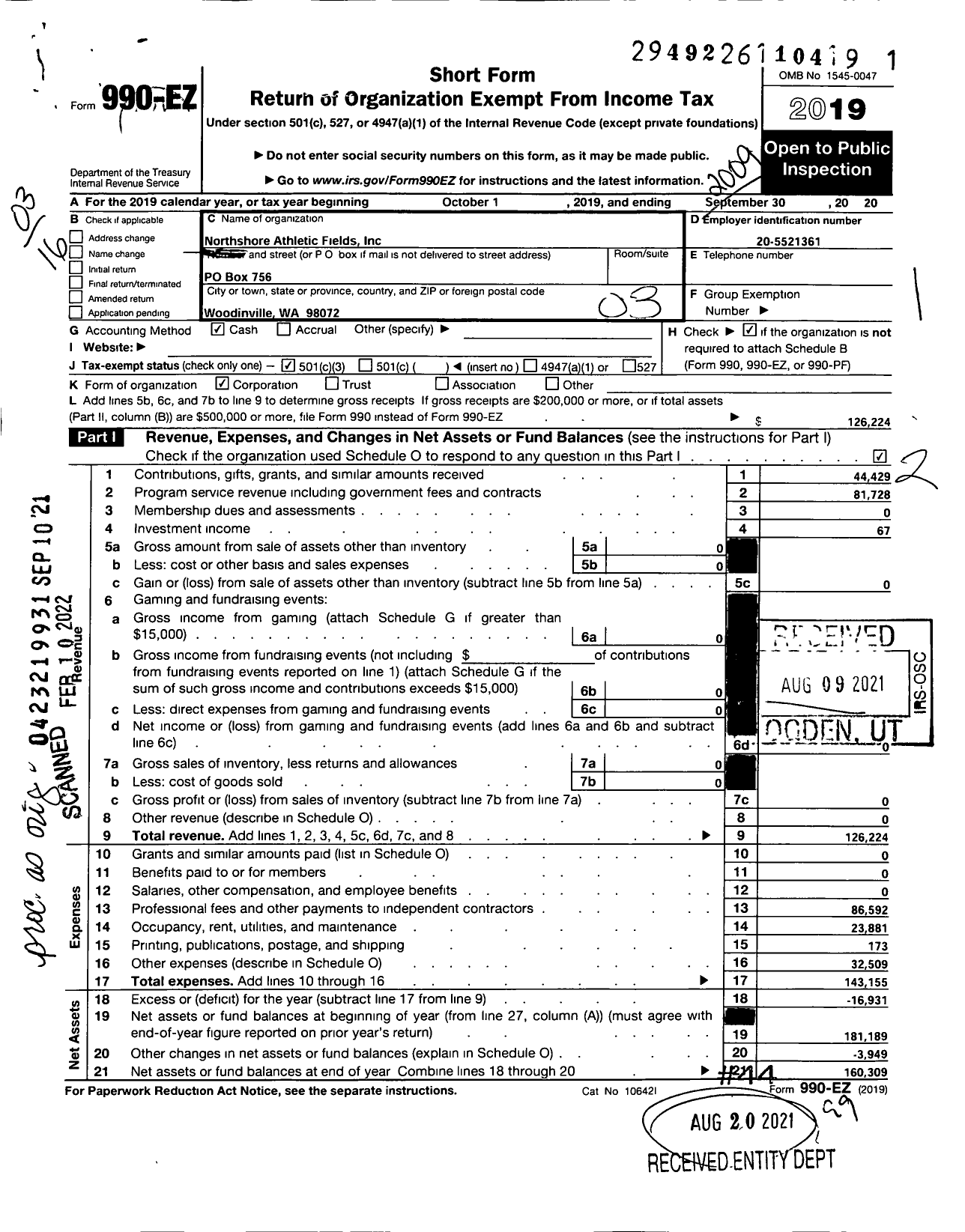Image of first page of 2019 Form 990EZ for Northshore Athletic Fields