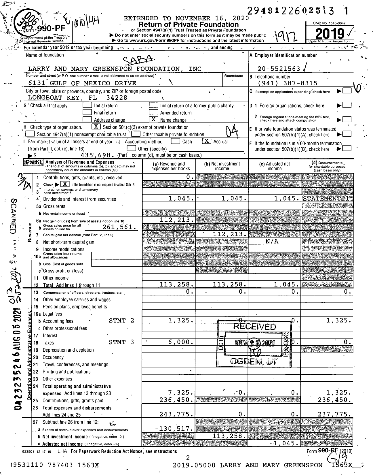 Image of first page of 2019 Form 990PF for Larry and Mary Greenspon Foundation