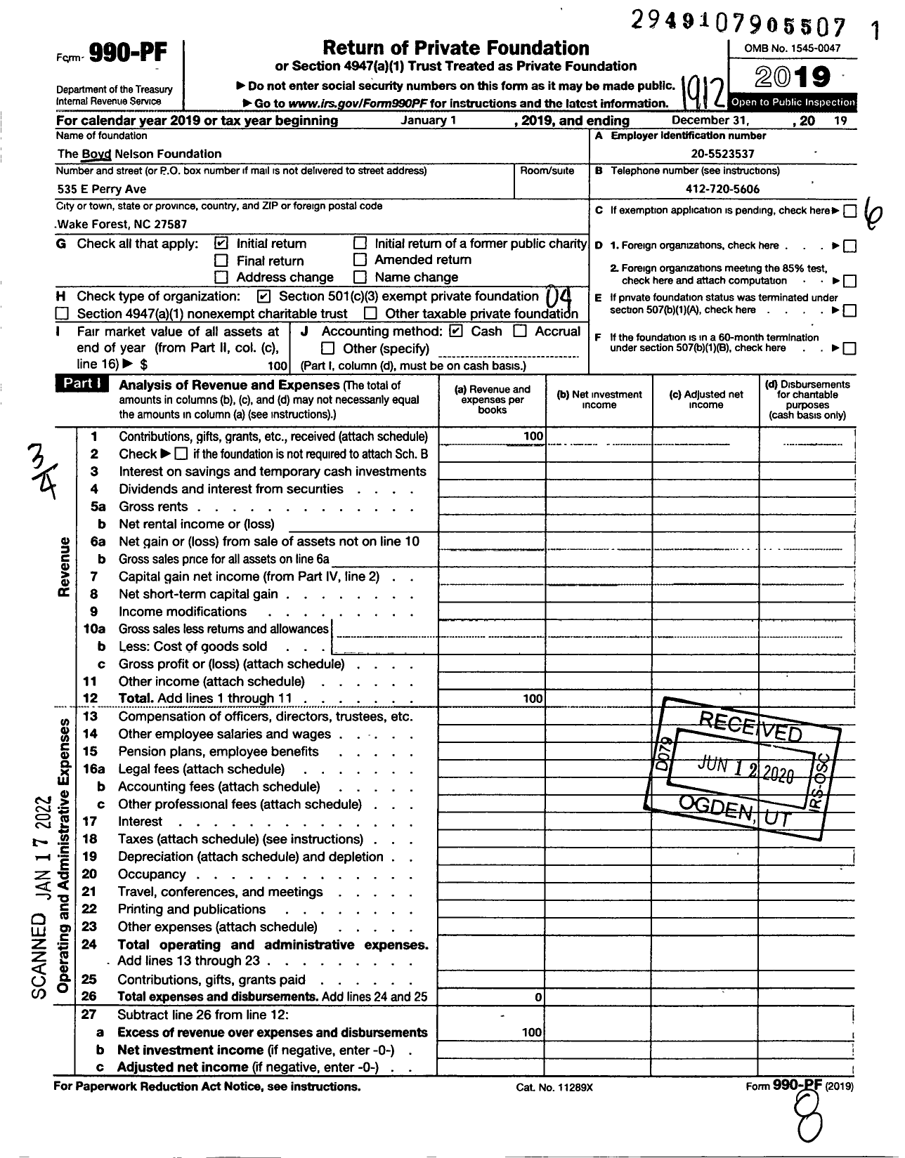 Image of first page of 2019 Form 990PF for Boyd Nelson Foundation