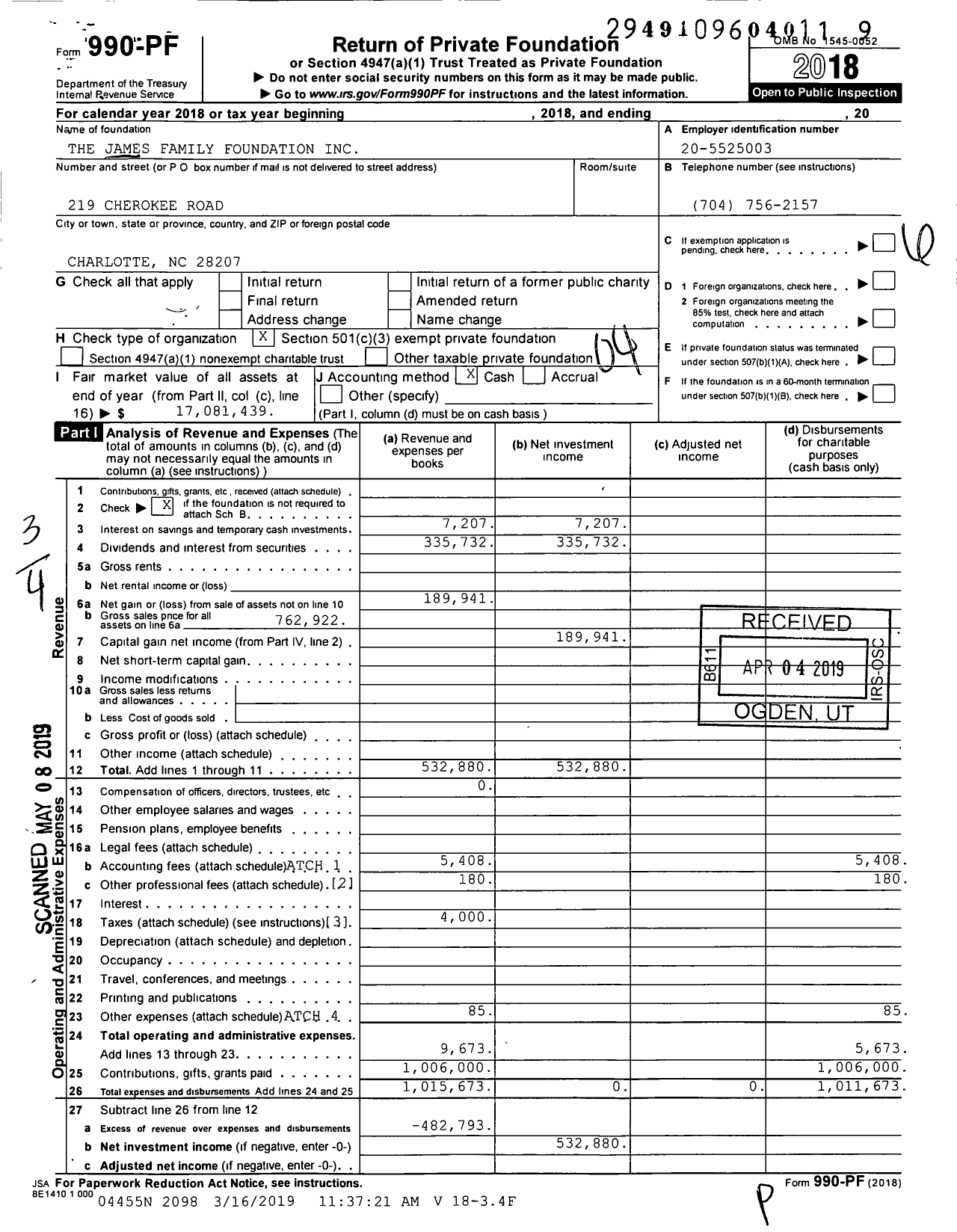 Image of first page of 2018 Form 990PF for The James Family Foundation