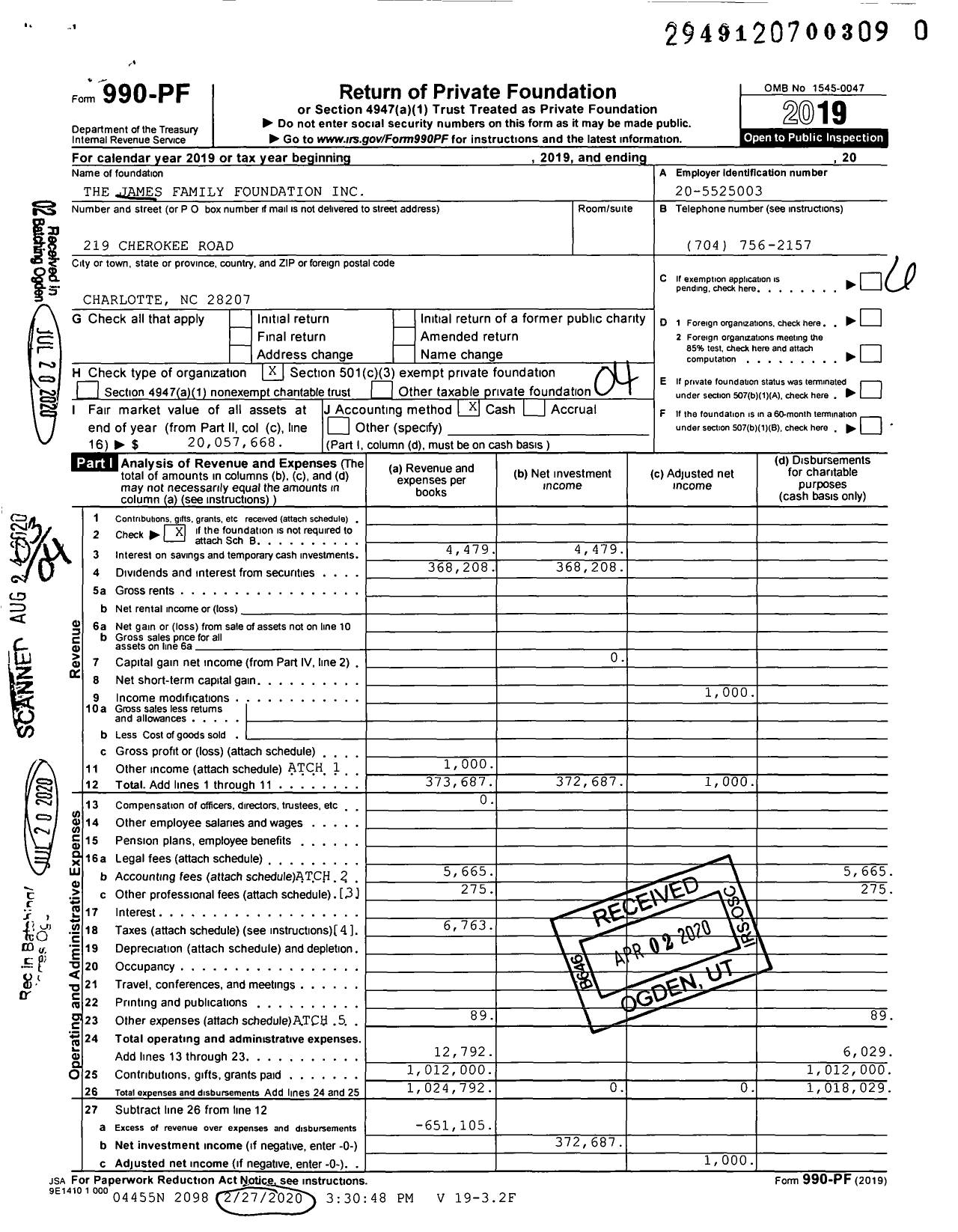 Image of first page of 2019 Form 990PR for The James Family Foundation