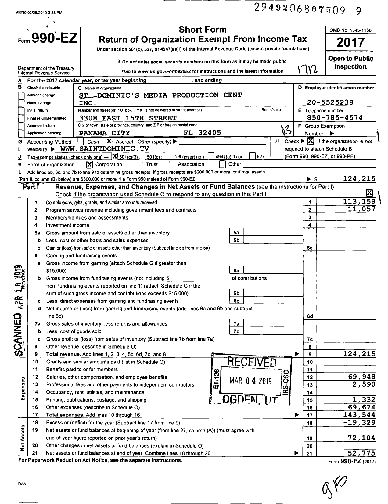 Image of first page of 2017 Form 990EZ for St Dominic's Media Production Cent