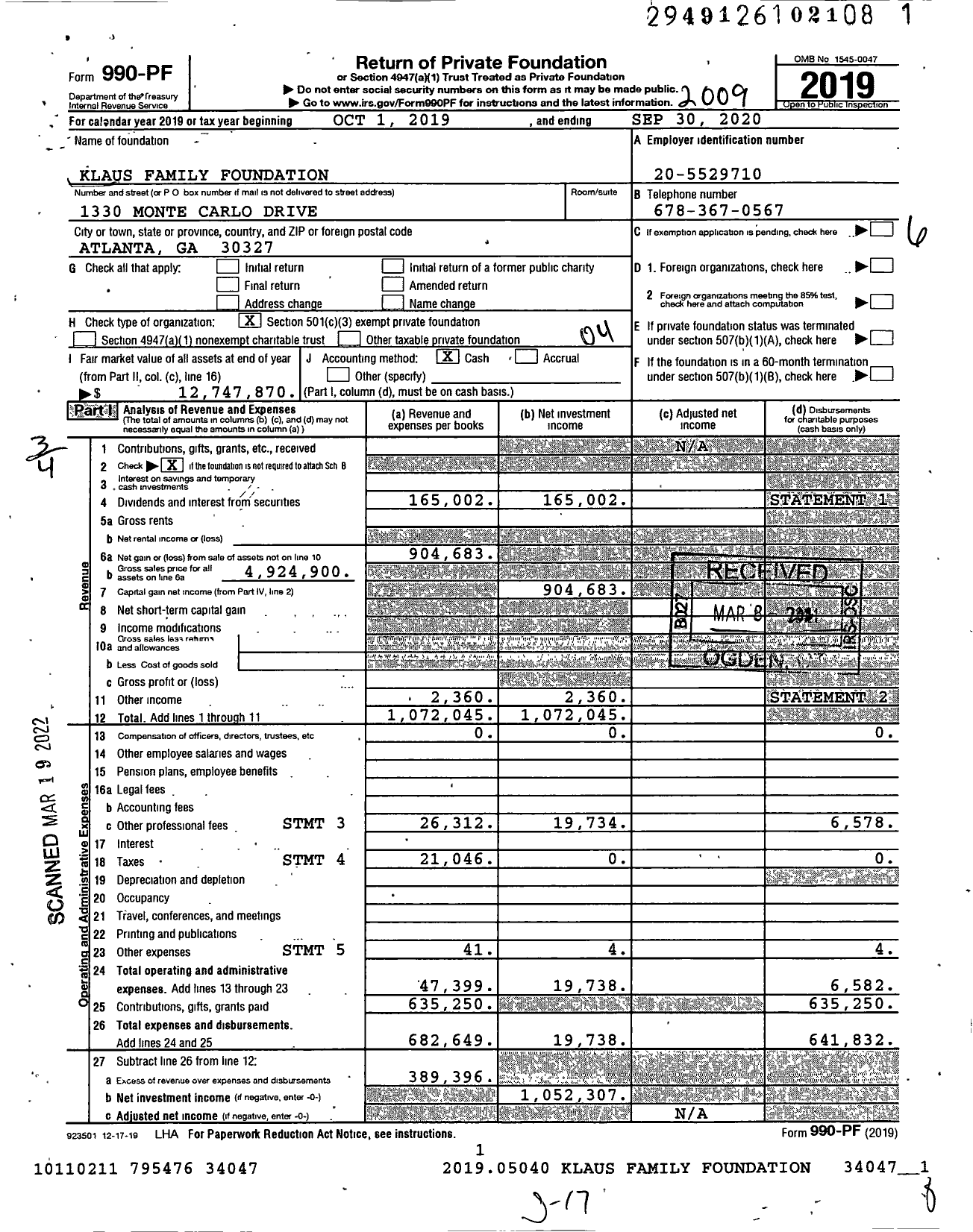 Image of first page of 2019 Form 990PF for Klaus Family Foundation