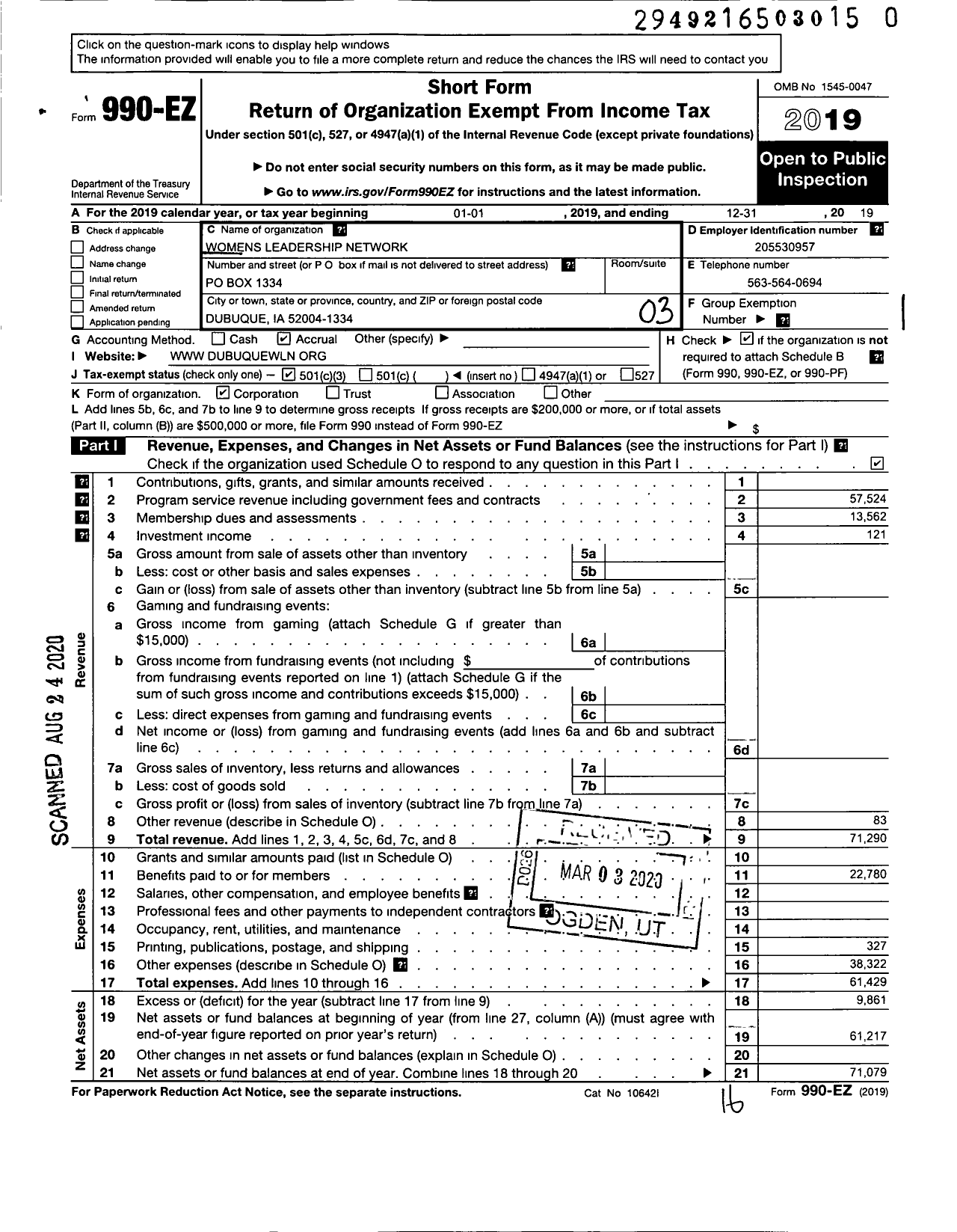 Image of first page of 2019 Form 990EZ for Womens Leadership Network