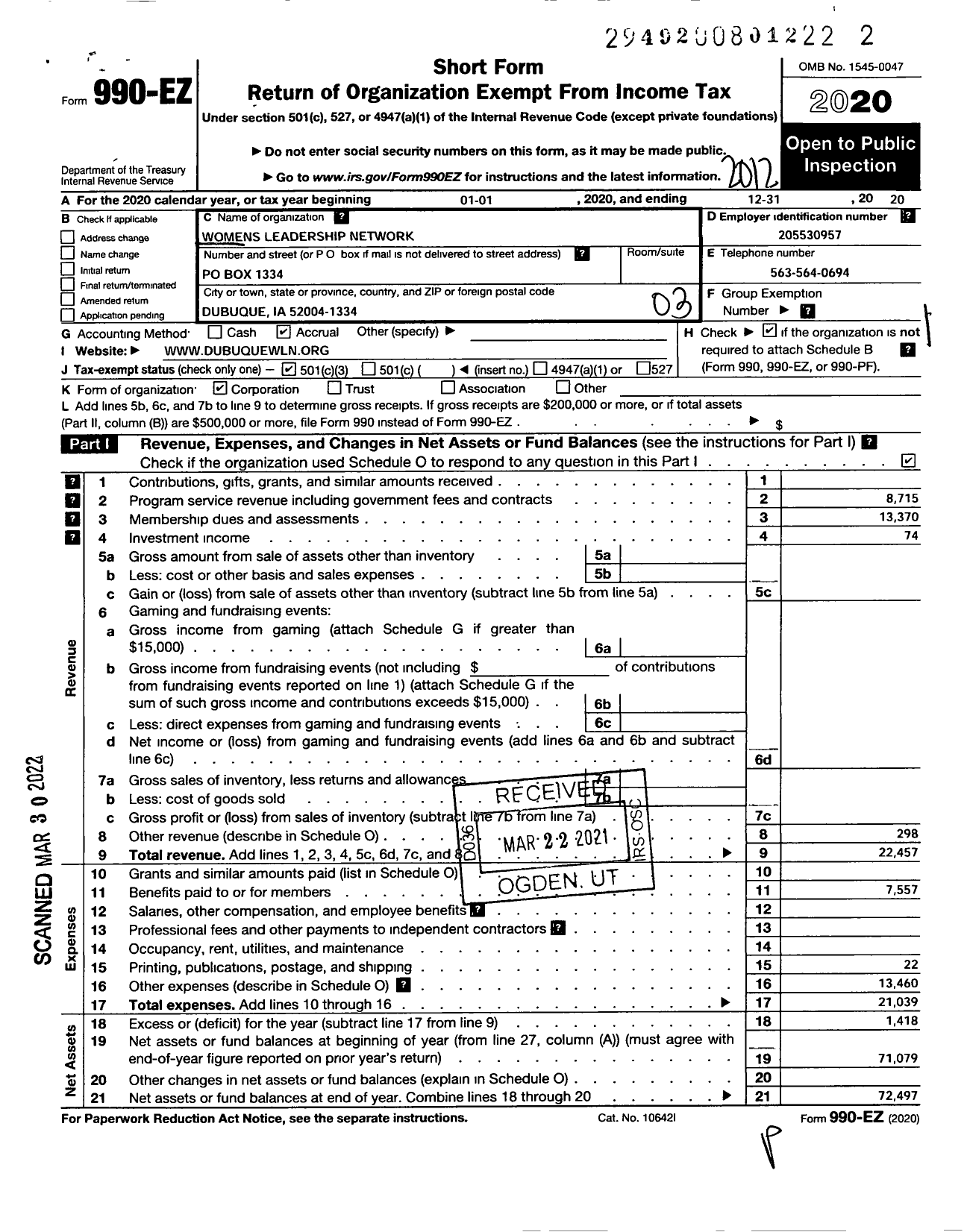 Image of first page of 2020 Form 990EZ for Womens Leadership Network