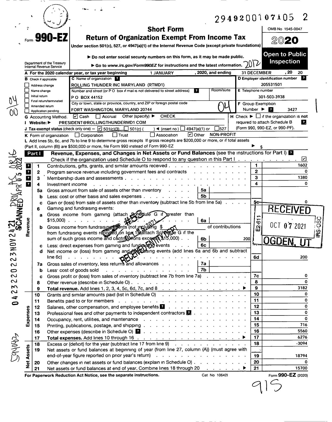 Image of first page of 2020 Form 990EO for Rolling Thunder - R T Chap 1 MD