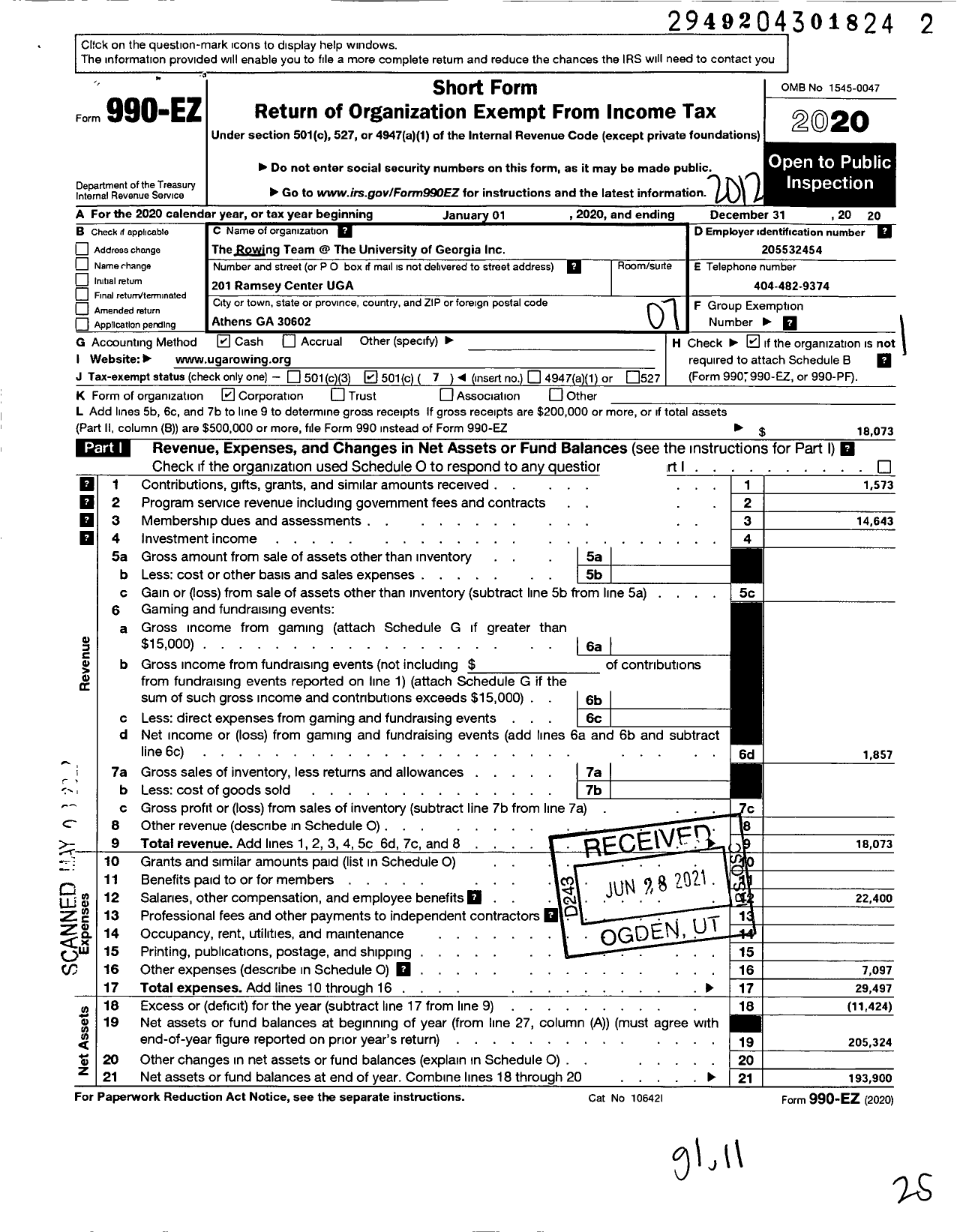 Image of first page of 2020 Form 990EO for Rowing Team at the University Ofgeorgia