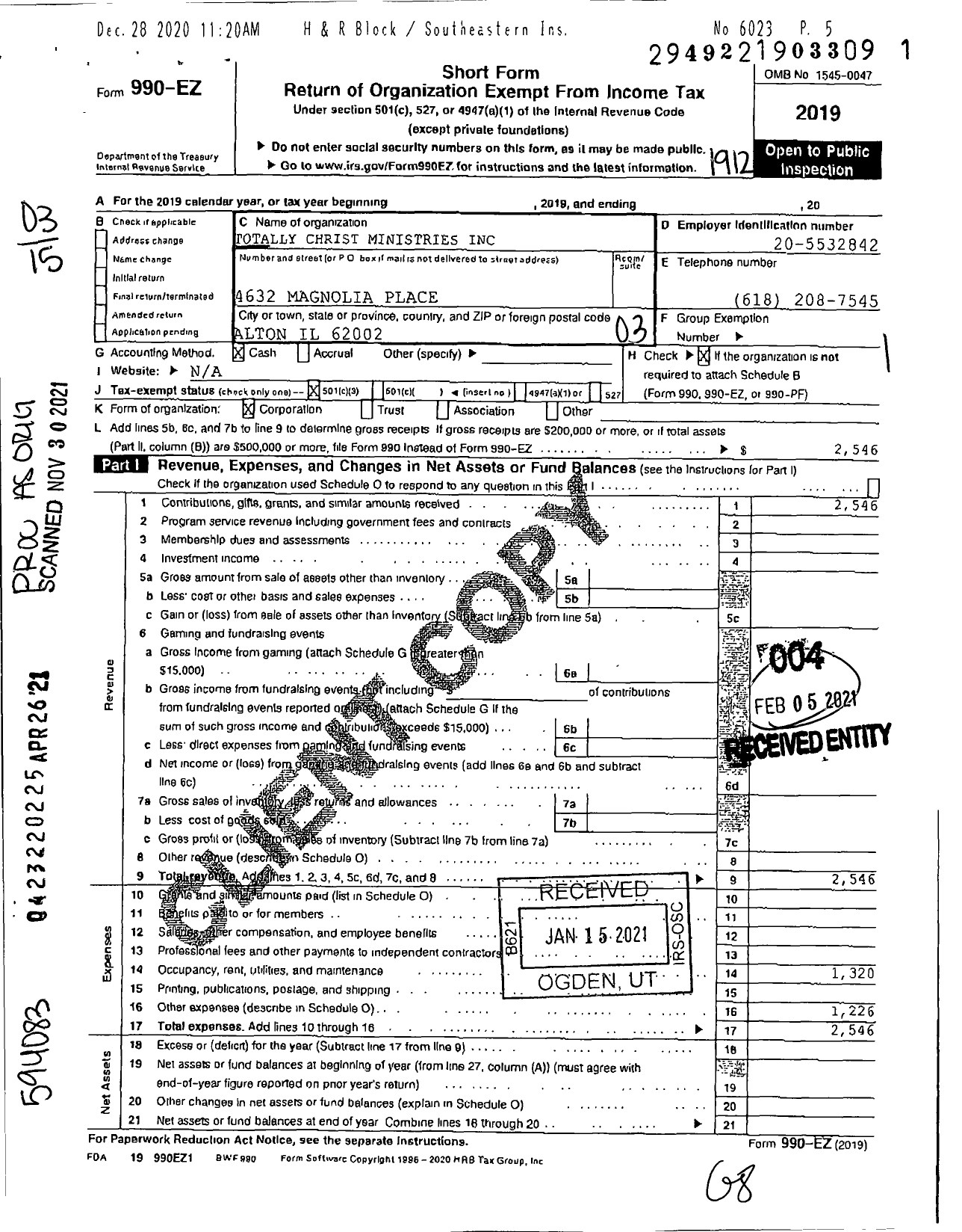 Image of first page of 2019 Form 990EZ for Totally Christ Ministries