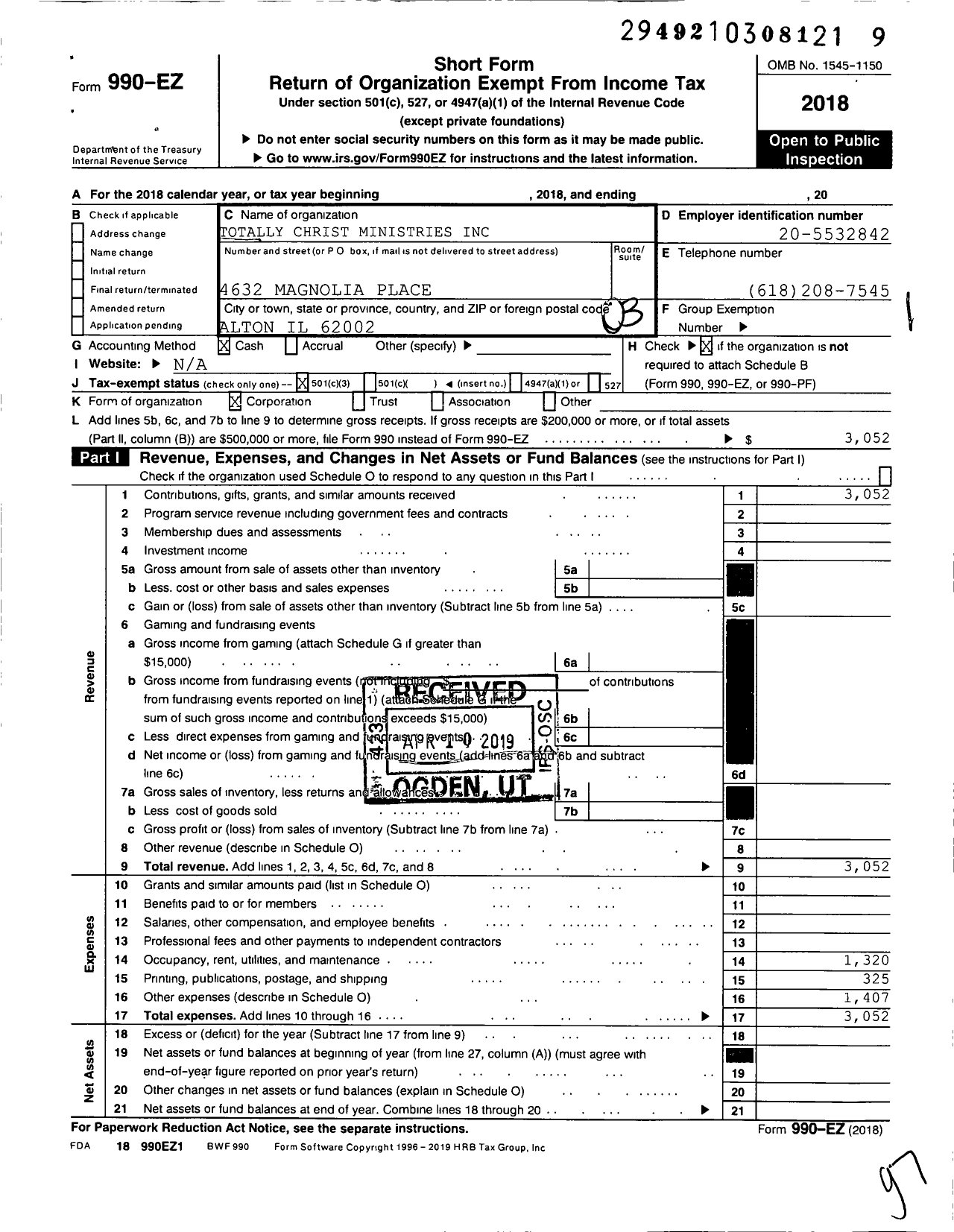 Image of first page of 2018 Form 990EZ for Totally Christ Ministries