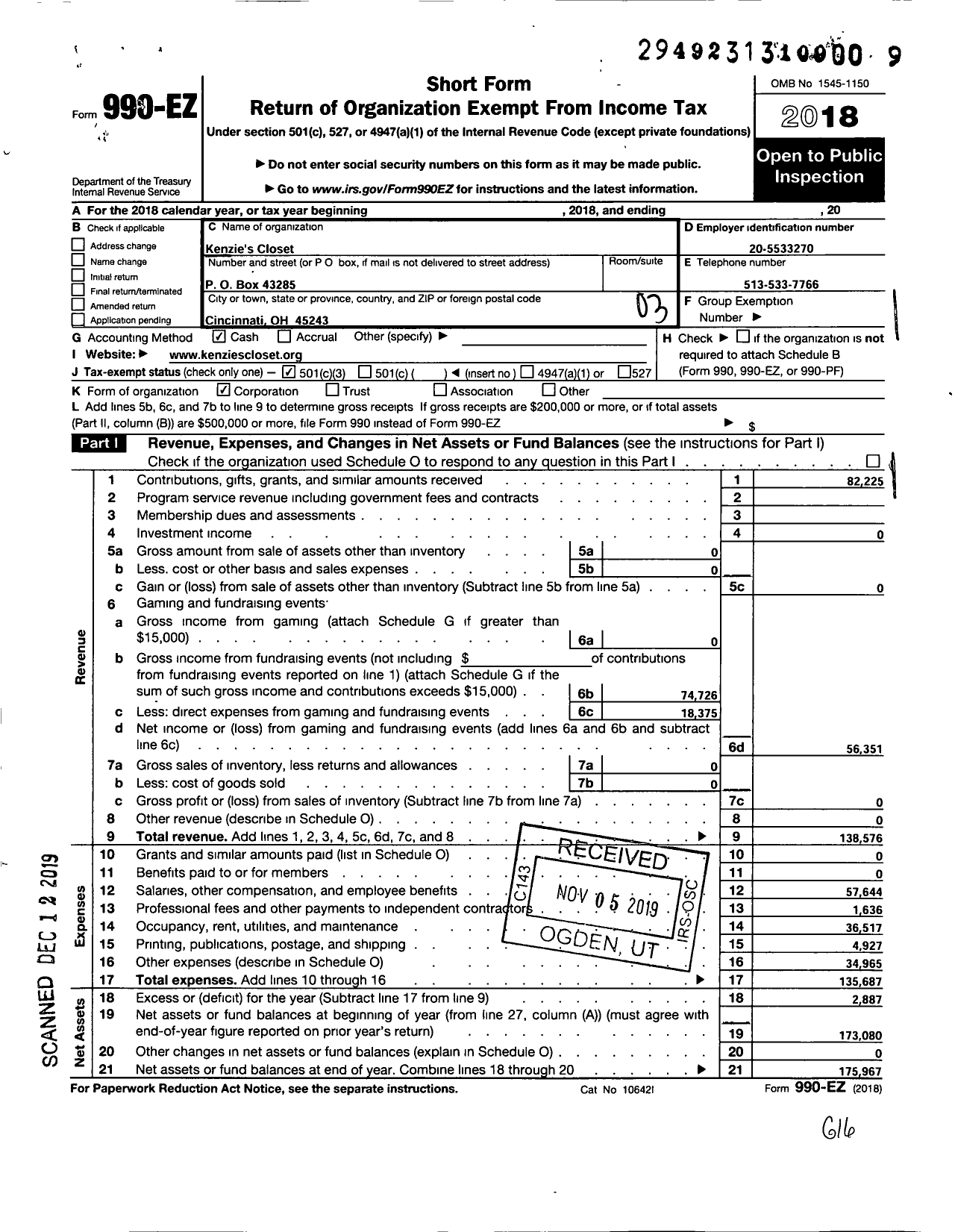 Image of first page of 2018 Form 990EZ for Kenzie's CLOSET