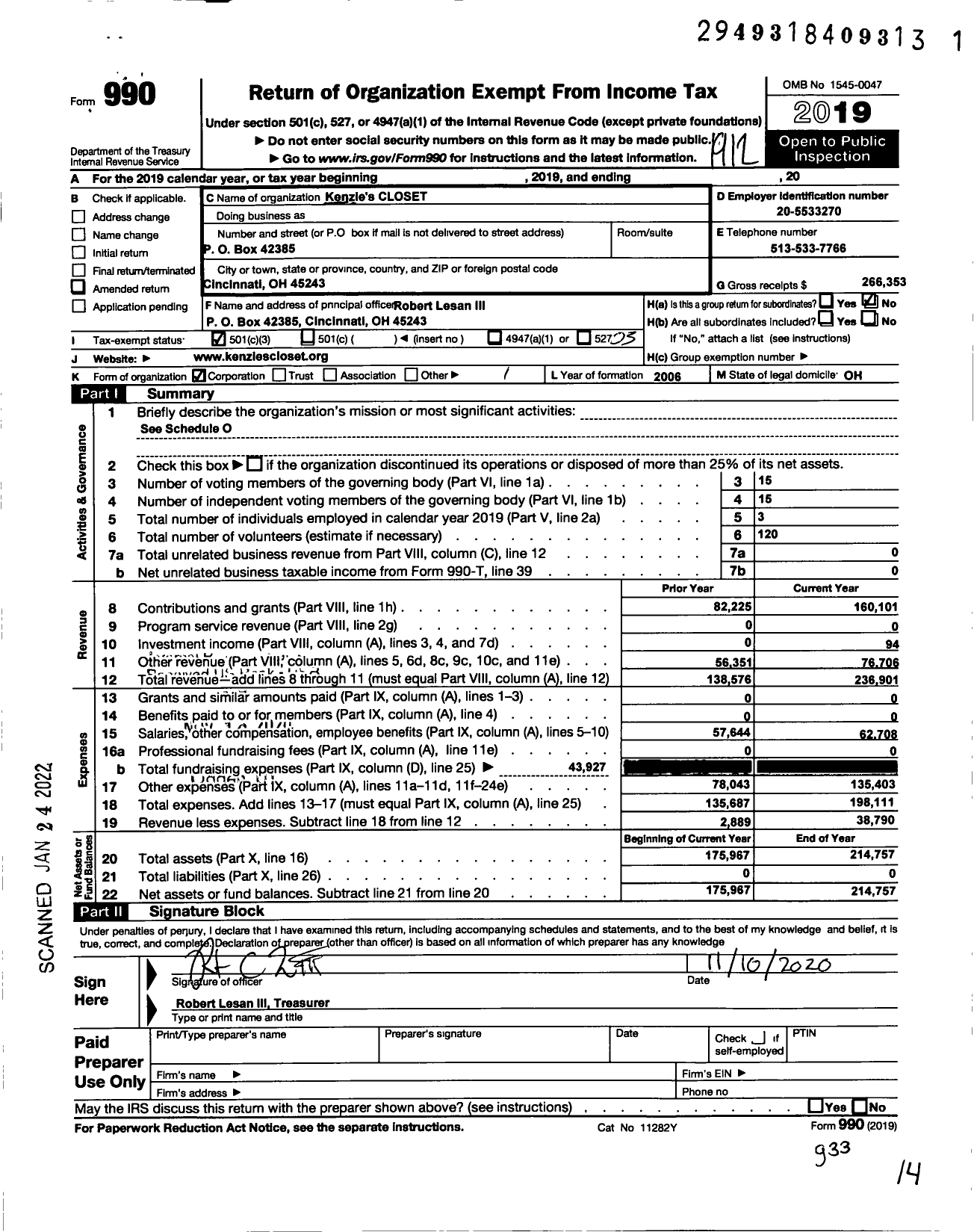 Image of first page of 2019 Form 990 for Kenzie's CLOSET