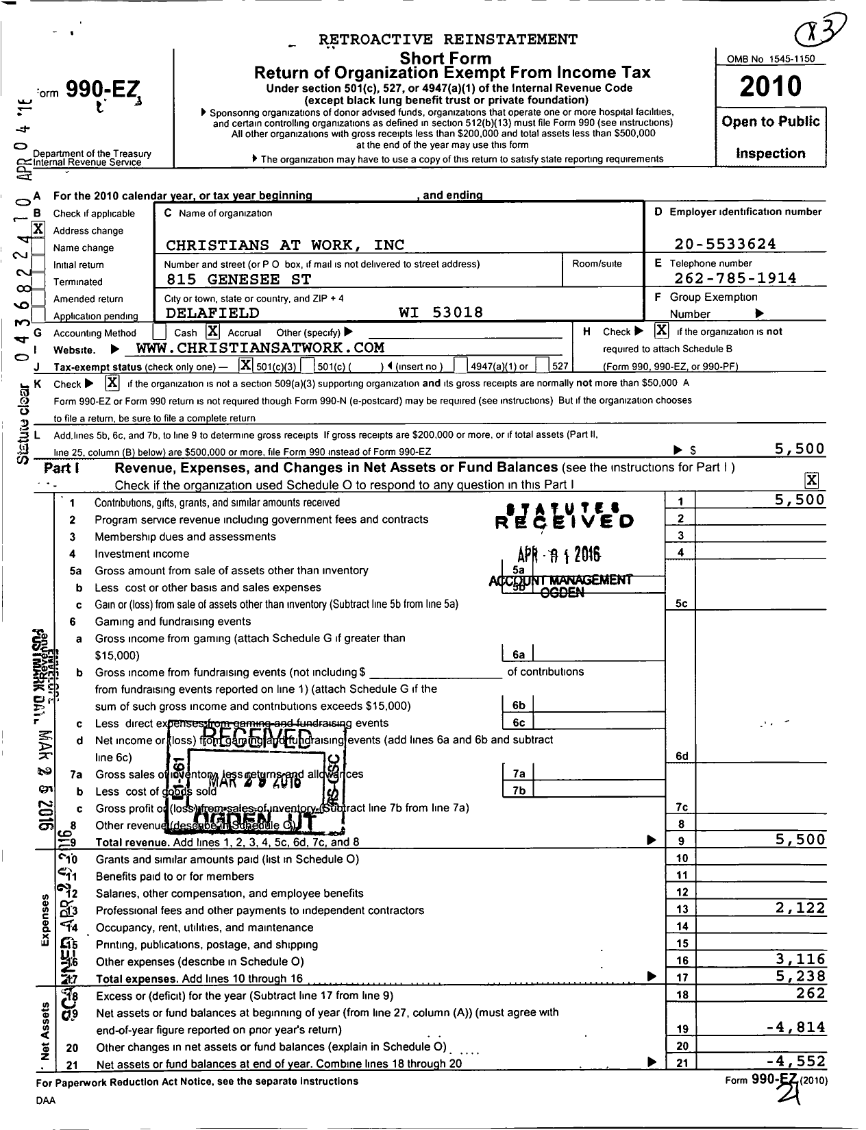 Image of first page of 2010 Form 990EZ for Christians at Work