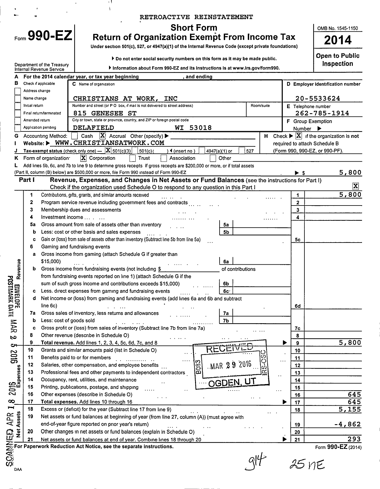 Image of first page of 2014 Form 990EZ for Christians at Work