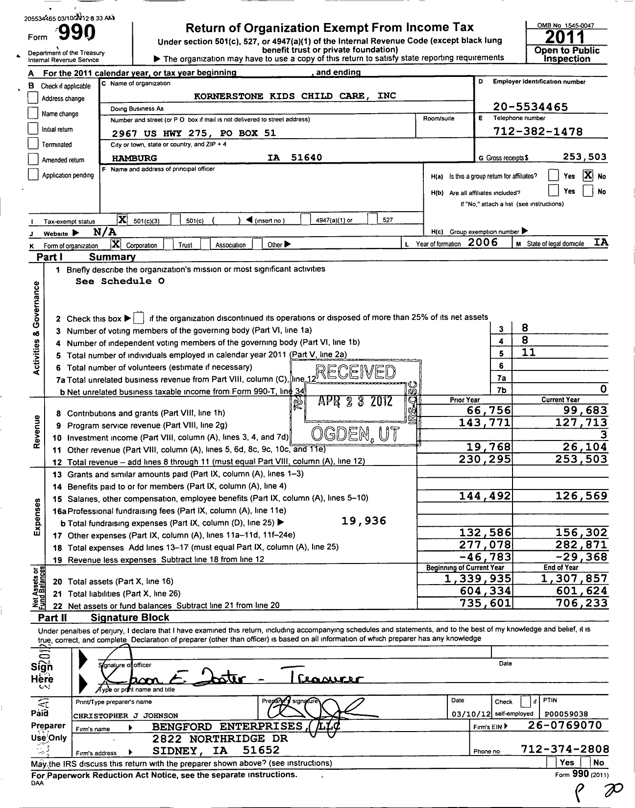 Image of first page of 2011 Form 990 for Kornerstone Kids Child Care