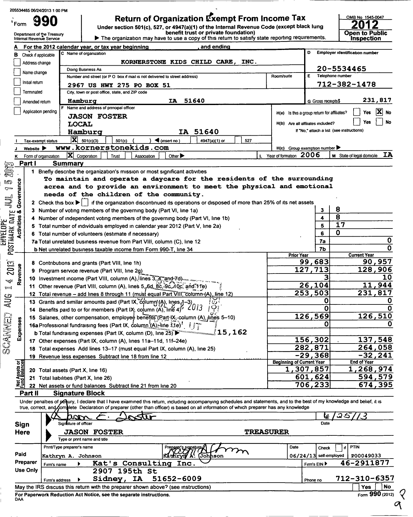 Image of first page of 2012 Form 990 for Kornerstone Kids Child Care