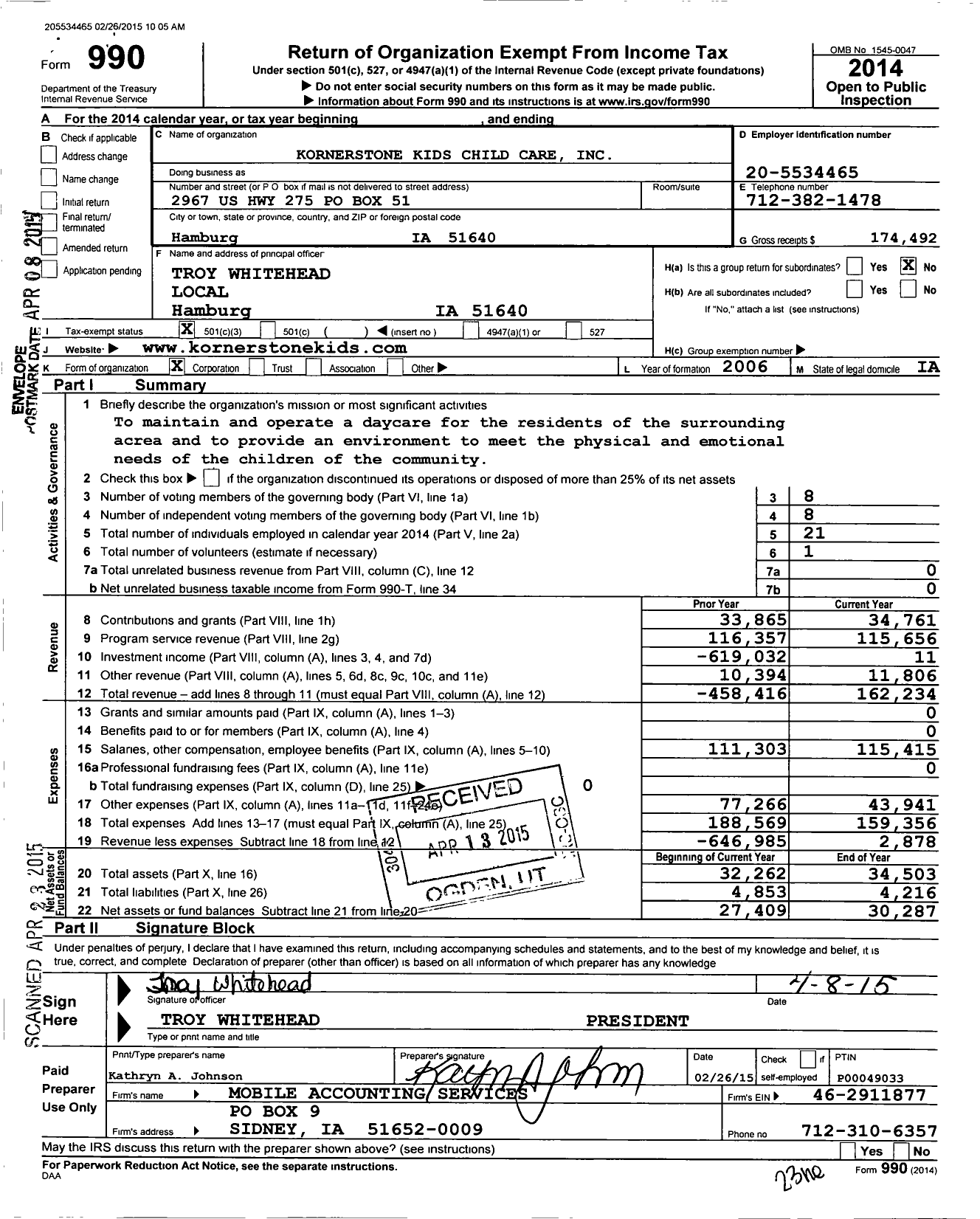 Image of first page of 2014 Form 990 for Kornerstone Kids Child Care