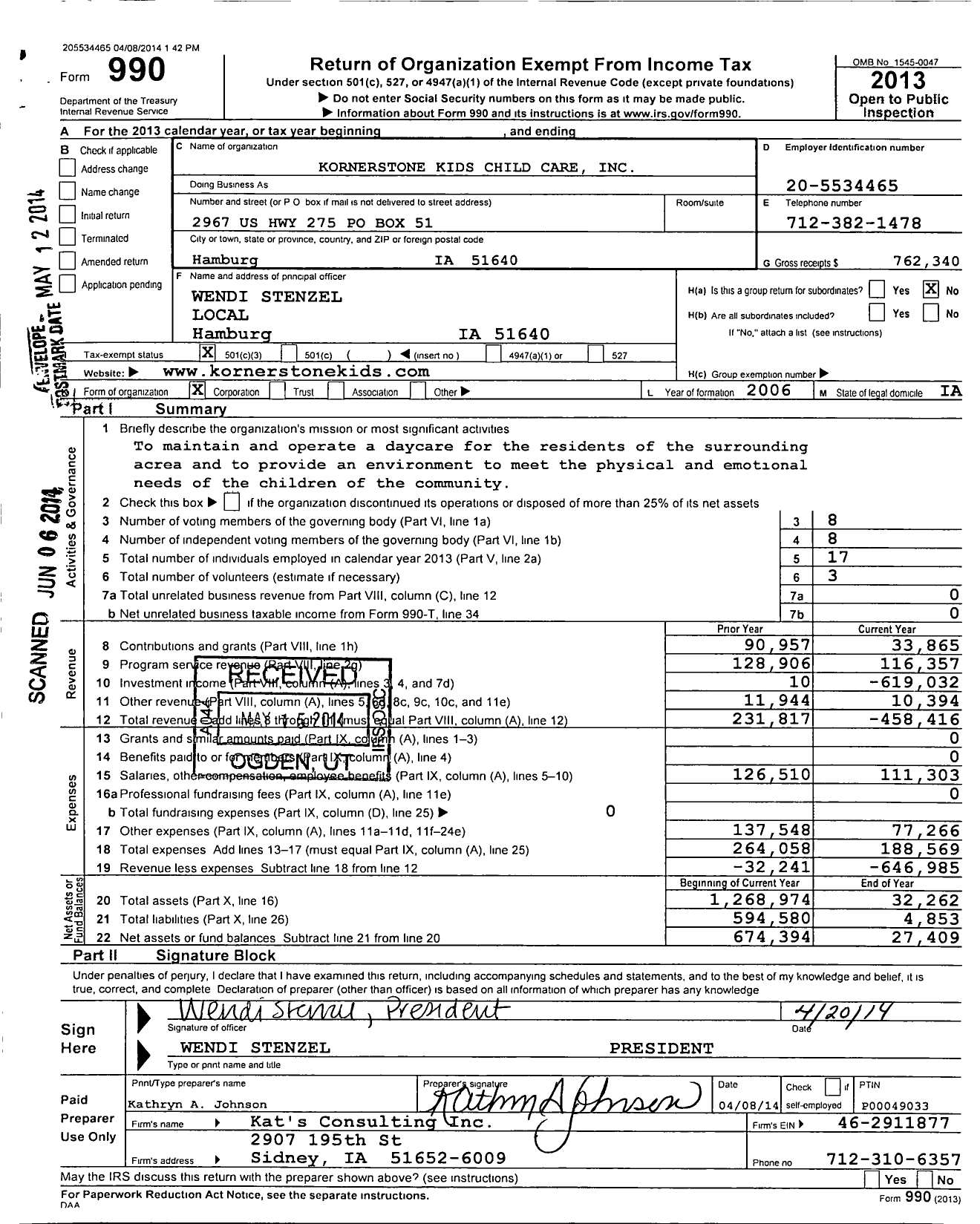 Image of first page of 2013 Form 990 for Kornerstone Kids Child Care