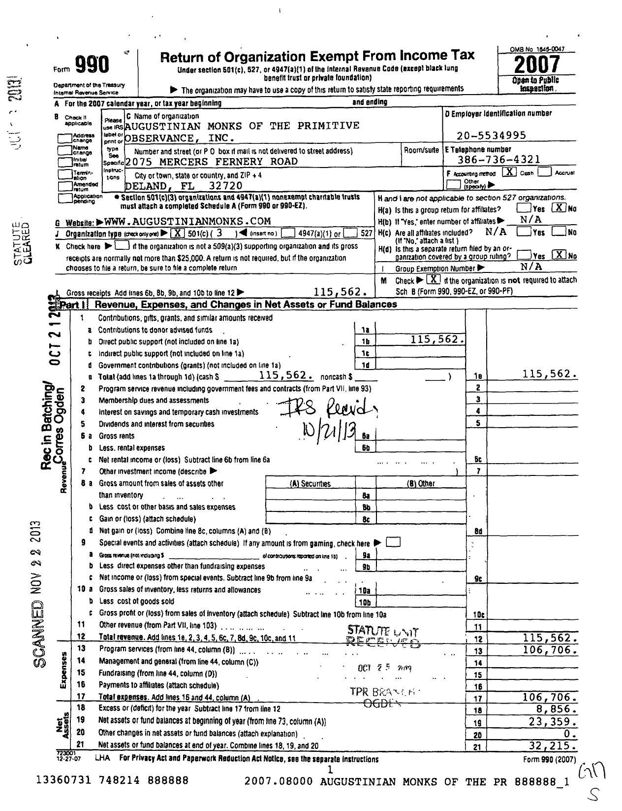 Image of first page of 2007 Form 990 for Augustinian Monks of the Primitive Observance Incorporated