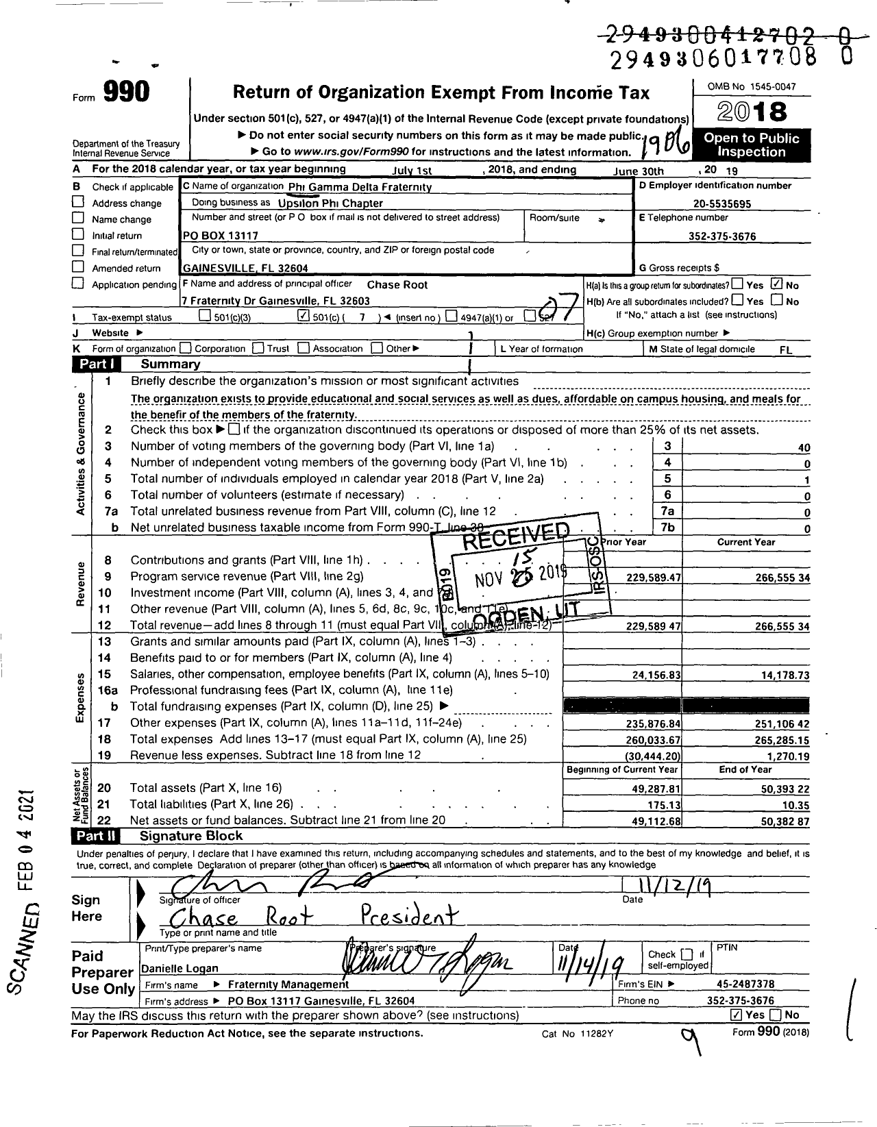 Image of first page of 2018 Form 990O for Phi Gamma Delta Fraternity - Upsilon Phi Chapter Florida Univ