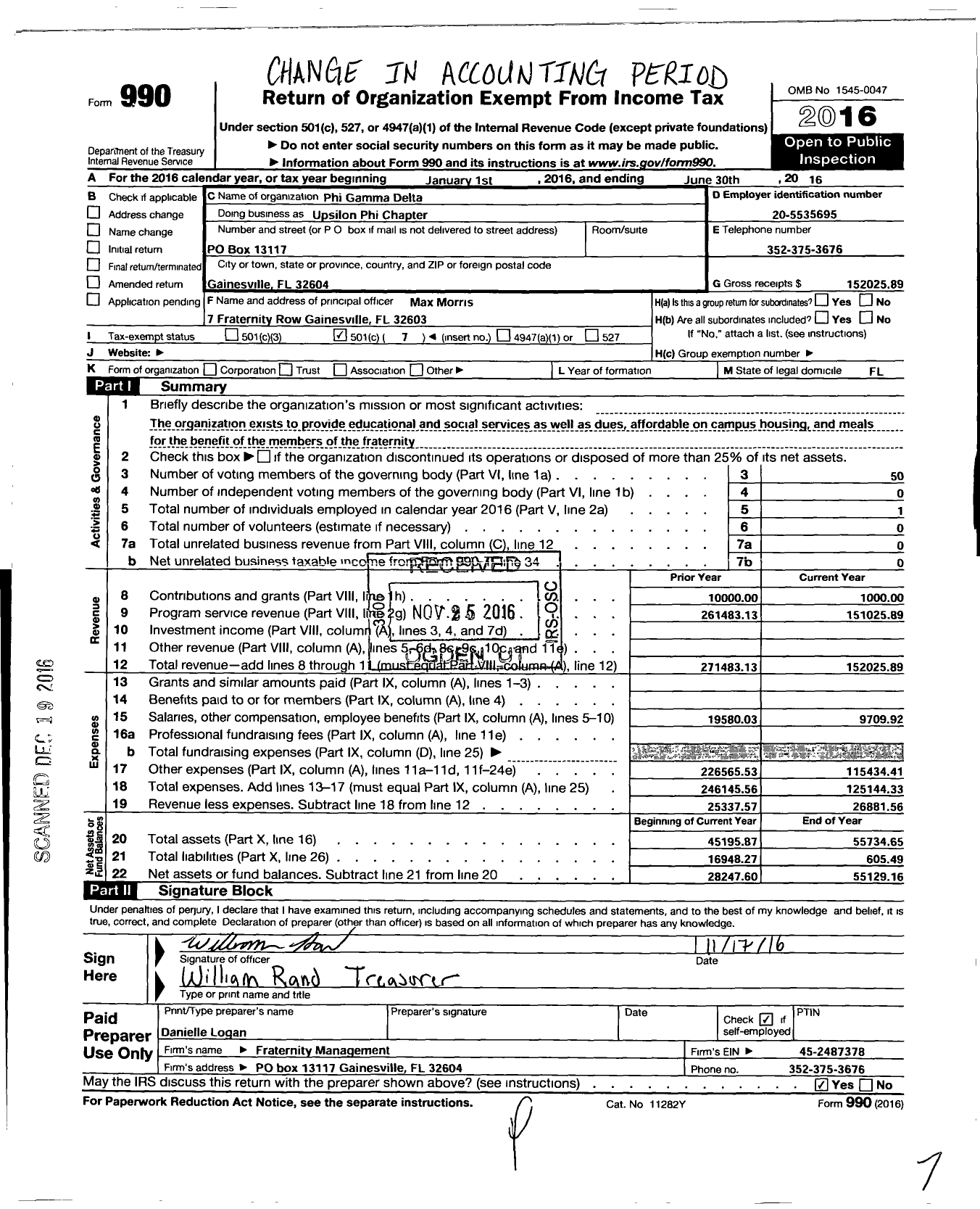 Image of first page of 2015 Form 990O for Phi Gamma Delta Fraternity - Upsilon Phi Chapter Florida Univ